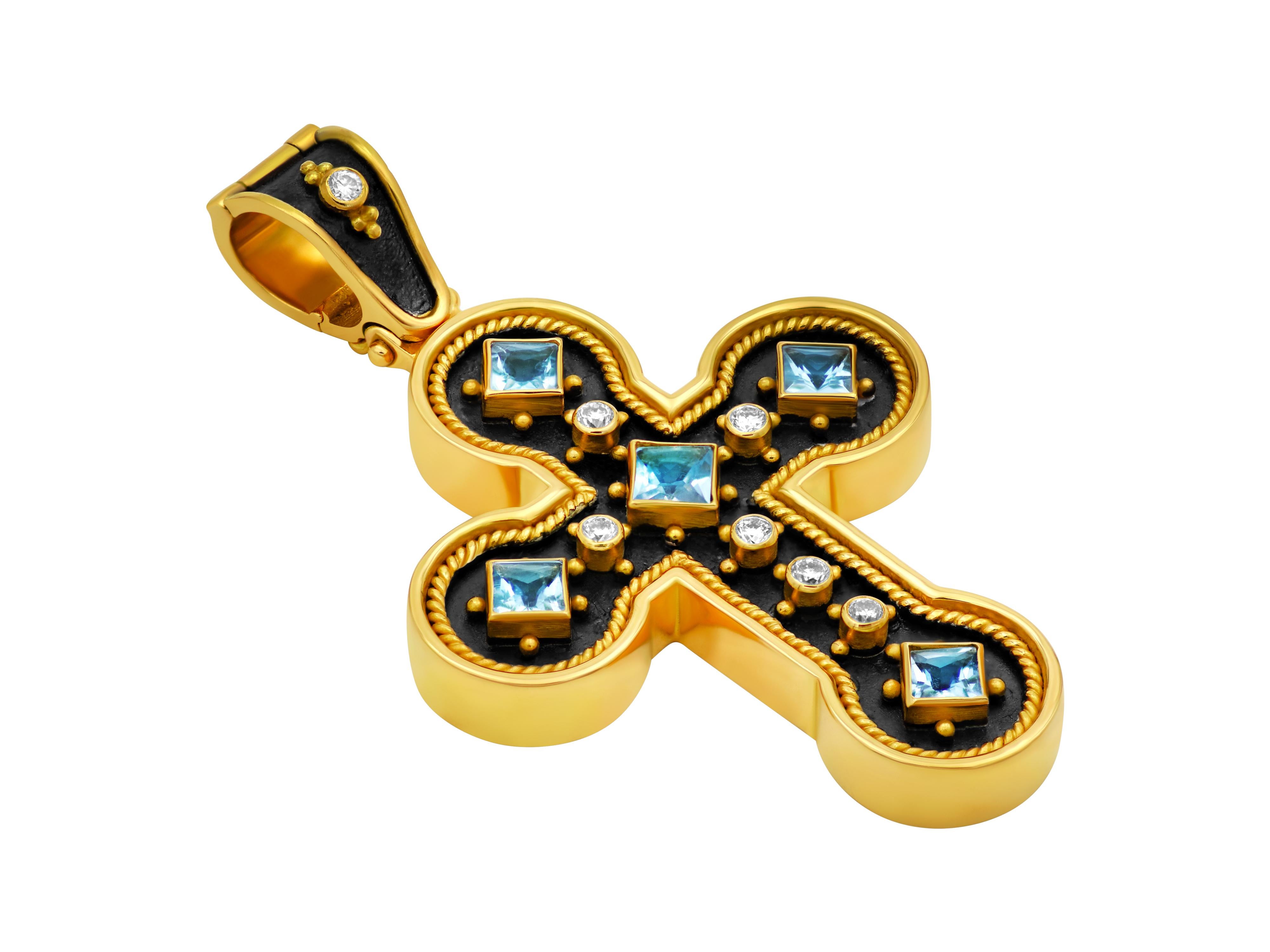 Byzantine Dimos 18k Gold Noir Aquamarine Cross For Sale