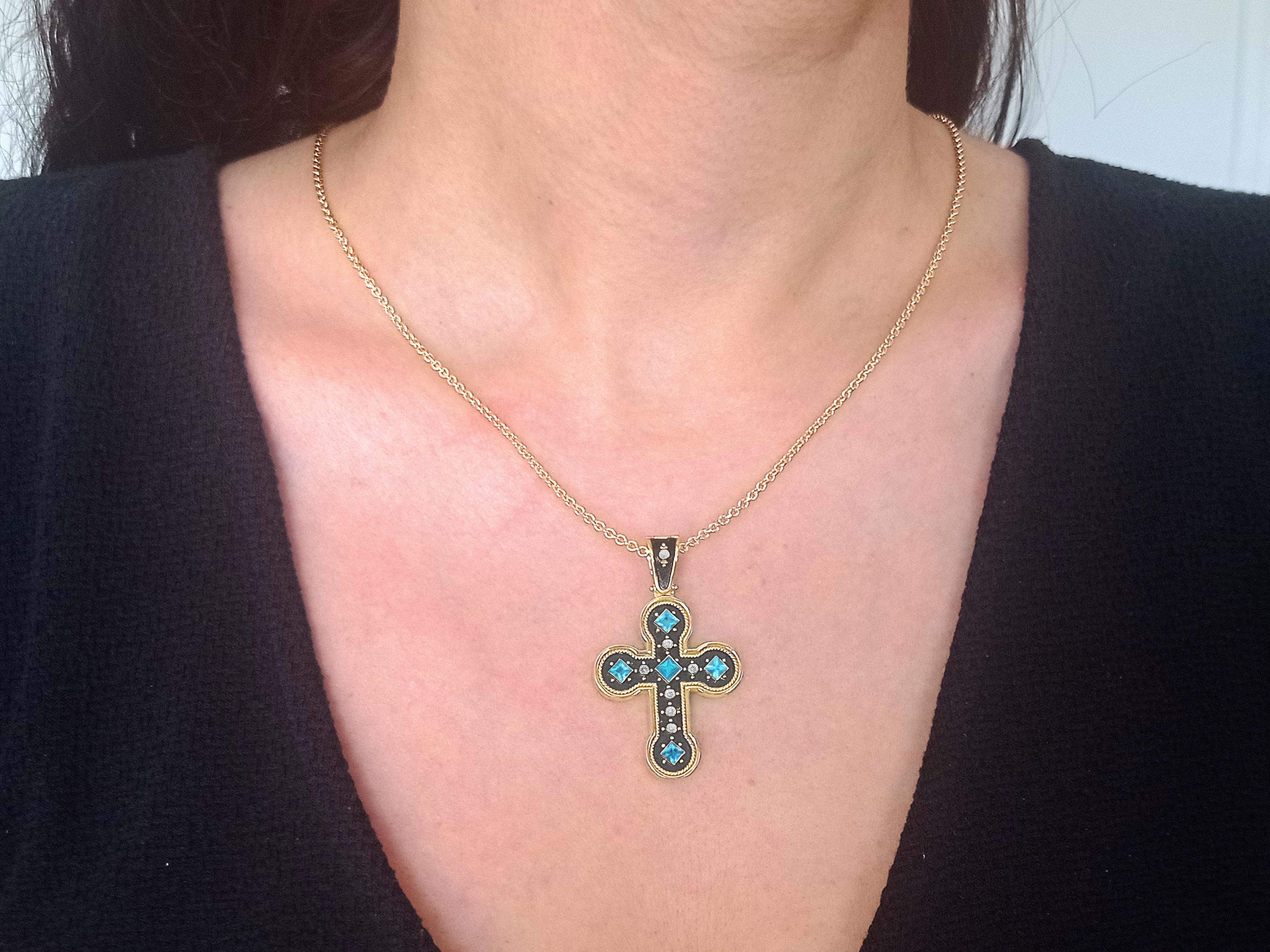 Women's or Men's Dimos 18k Gold Noir Aquamarine Cross For Sale