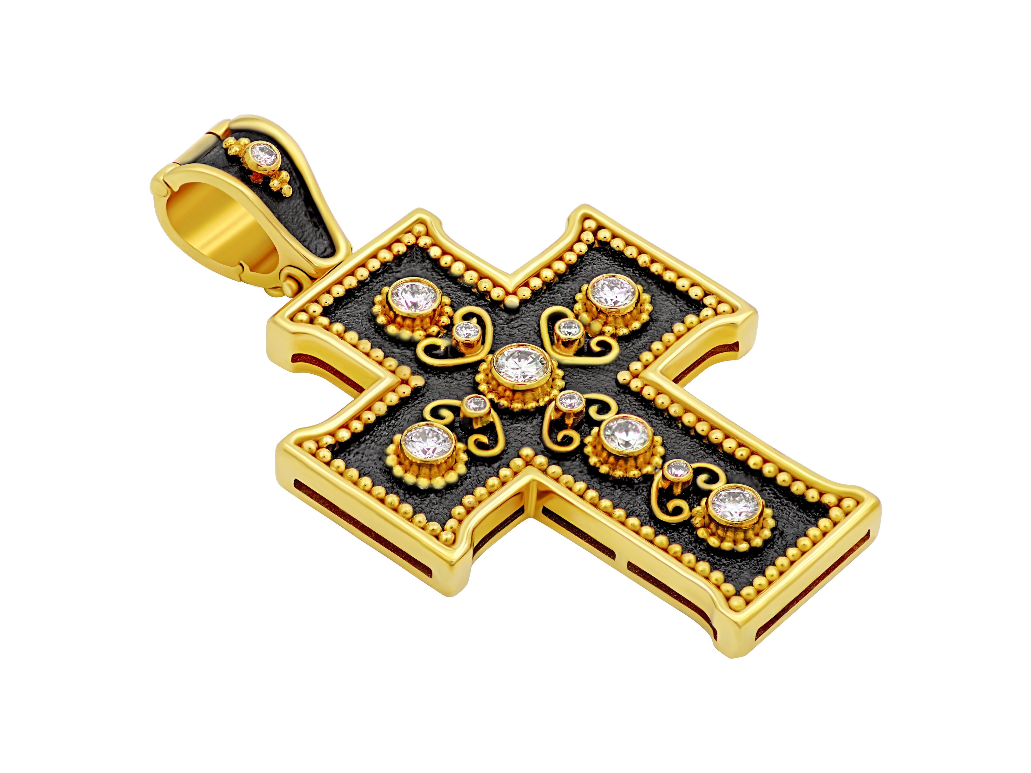 Brilliant Cut Dimos 18k Gold Noir Byzantine Diamonds Cross For Sale