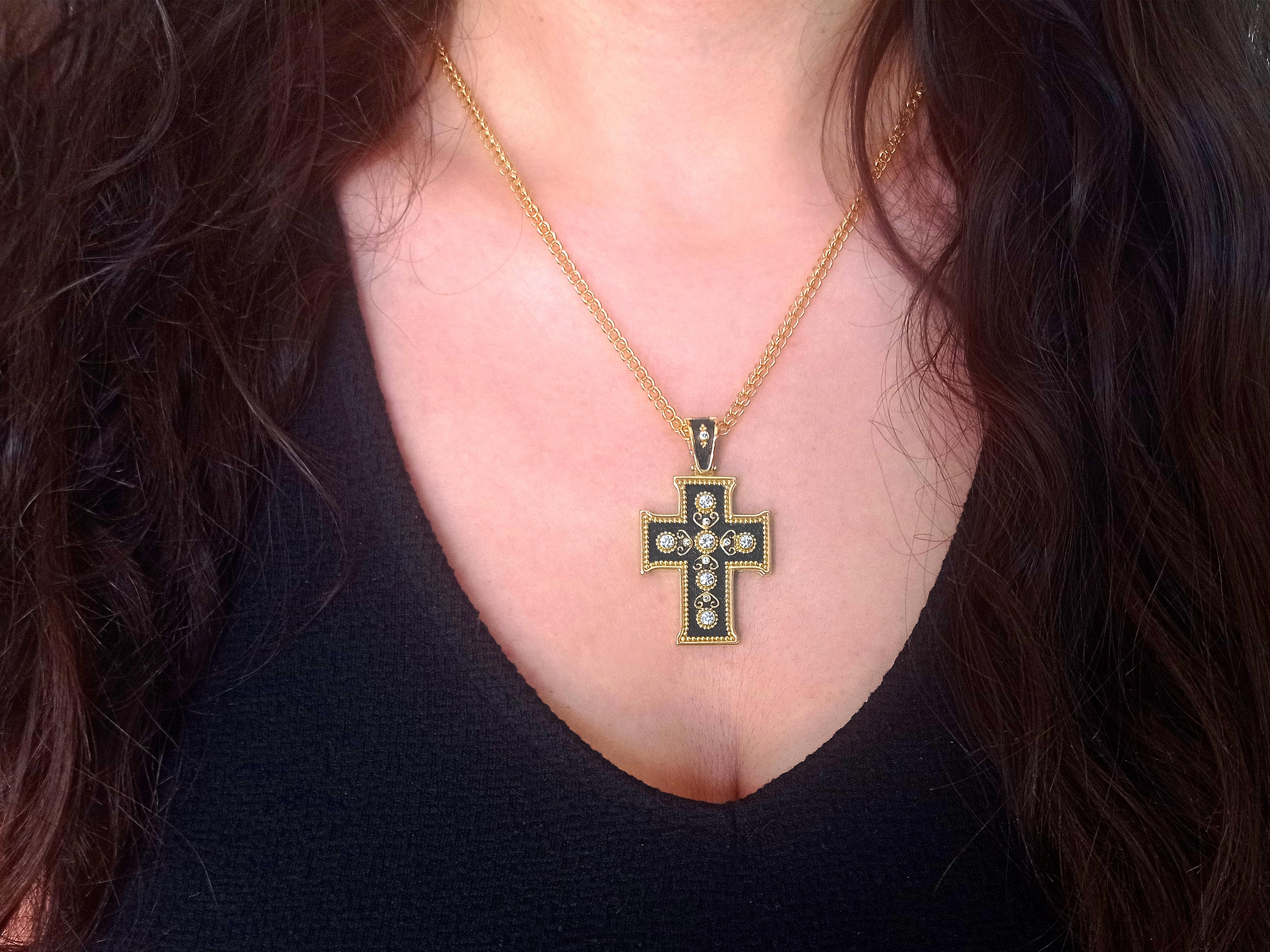 Dimos 18k Gold Noir Byzantine Diamonds Cross In New Condition For Sale In Athens, GR