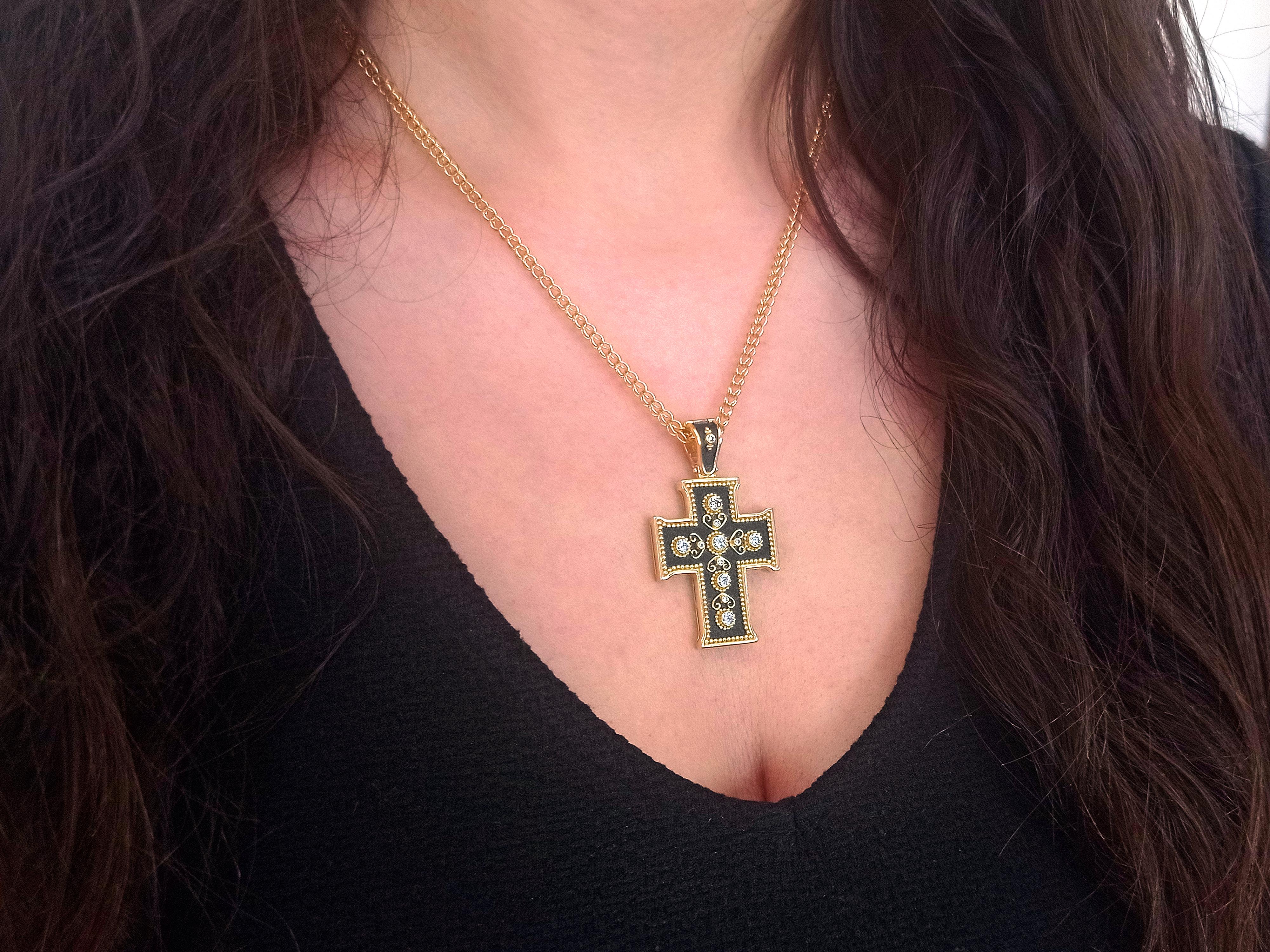 Women's Dimos 18k Gold Noir Byzantine Diamonds Cross For Sale