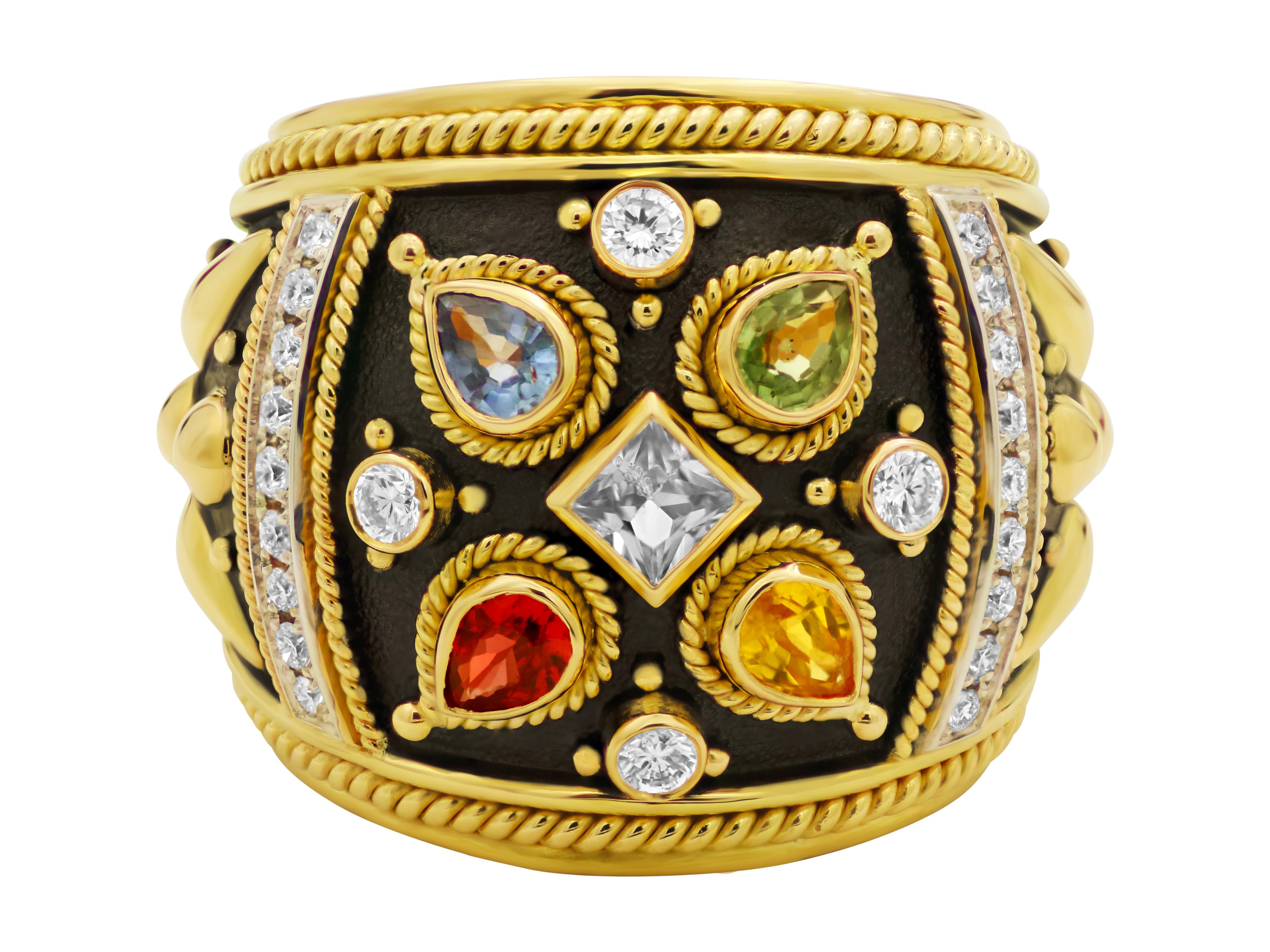 18k yellow gold dome ring from the Noir collection. Bold, tall with impressive look set with multicolor sapphires and diamonds and two bars of brilliant diamonds showcasing incredible geometry of filigrees and granulation.