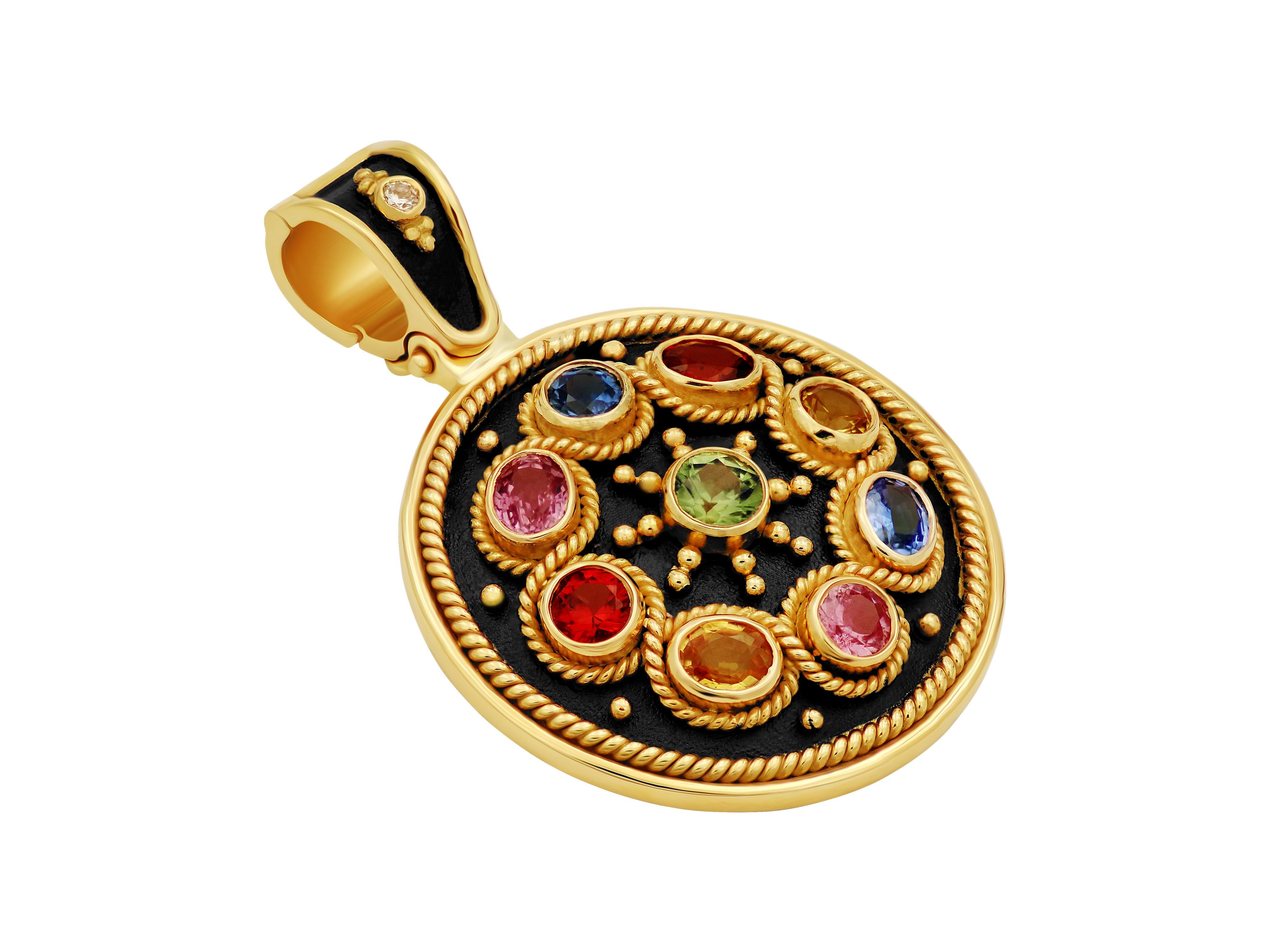Colorful noir pendant in 18k yellow gold. Oval 0.77 carats sapphires in every color circle around this pendant with beautiful filigrees and granulation and black platinum background for high contrast. With our classic brilliant diamond decorated