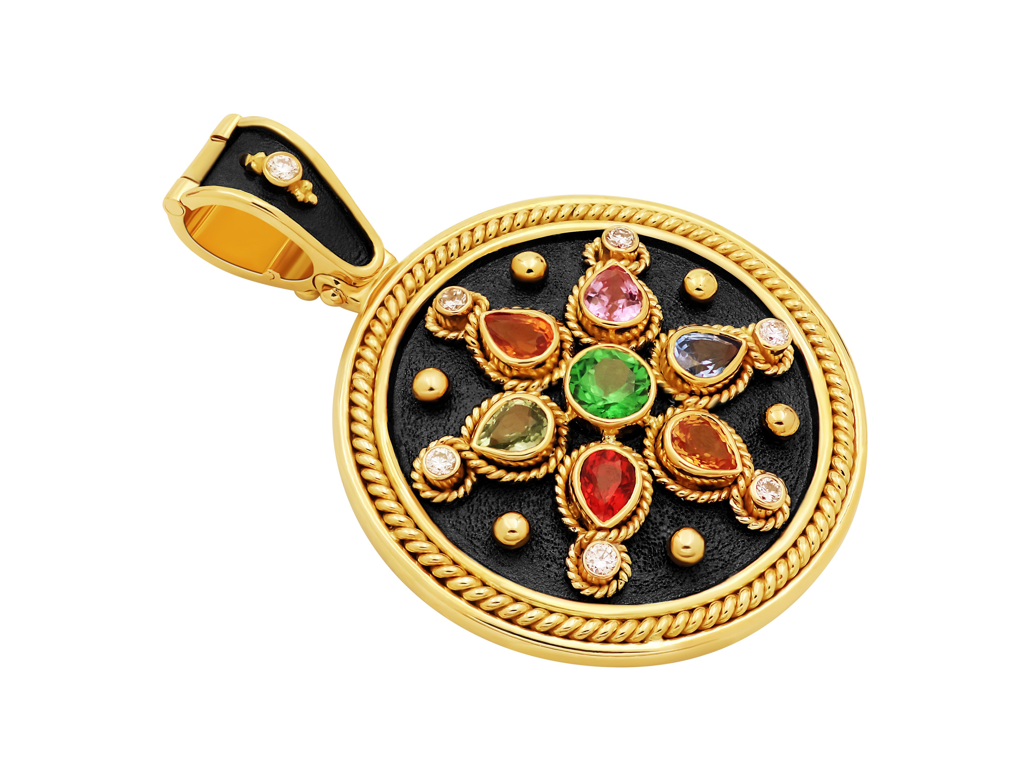 Colorful noir pendant in 18k yellow gold. Pear cut 1.66 carats sapphires in every color and 0.11 carats brilliant cut diamonds circle around this pendant with beautiful filigrees and granulation and black platinum background for high contrast. With