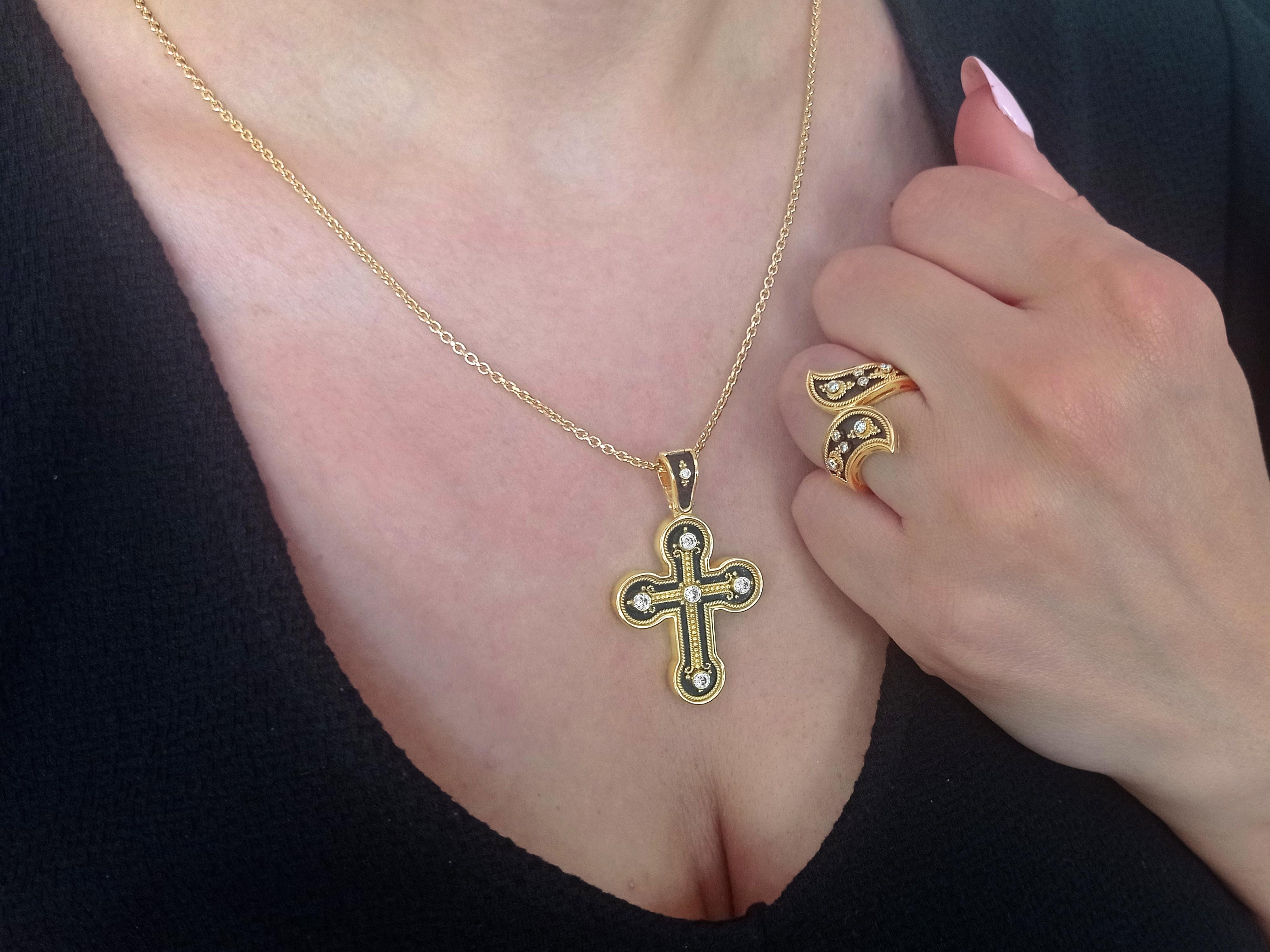 Byzantine Dimos 18k Gold Noir Diamonds Cross For Sale