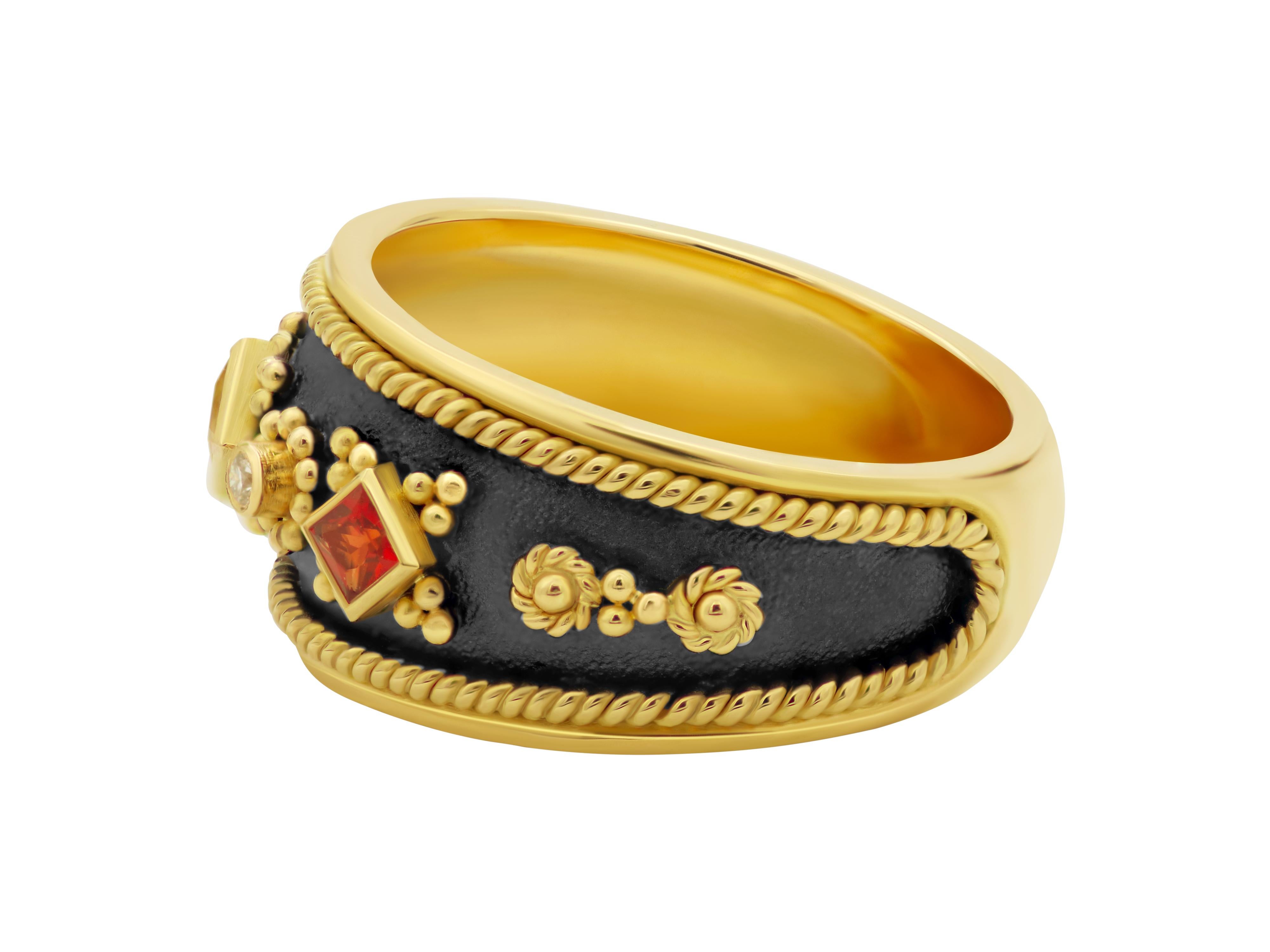 Byzantin Dimos, bague en or 18 carats avec saphirs multicolores « Noir » en vente
