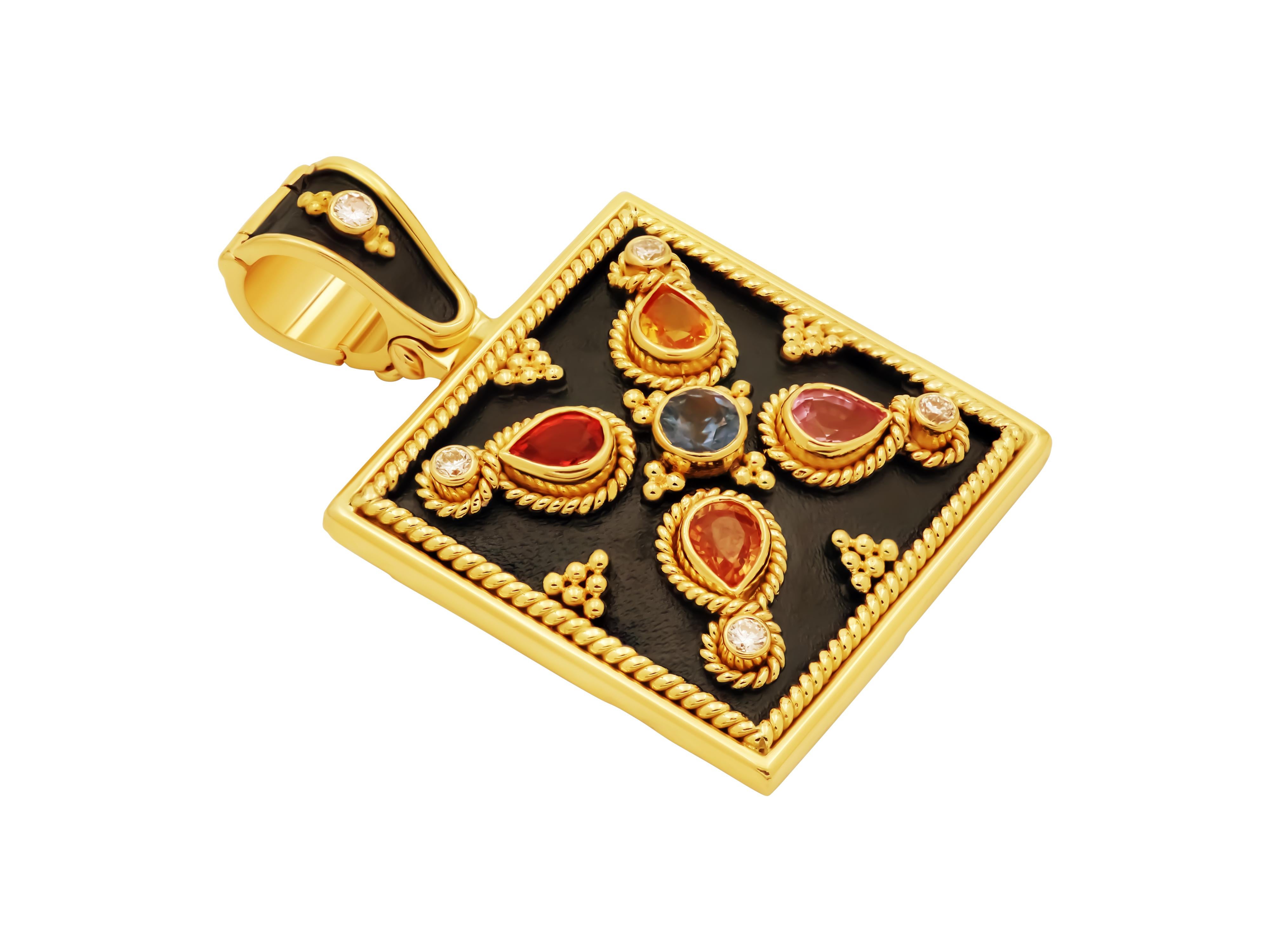 Colorful noir pendant in 18k yellow gold. Pear cut 1.02 carats sapphires in every color and 0.10 carats brilliant cut diamonds circle around this pendant with beautiful filigrees and granulation and black platinum background for high contrast. With