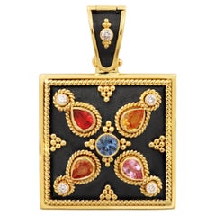 Dimos 18k Gold Noir Square Colorful Sapphires Pendant