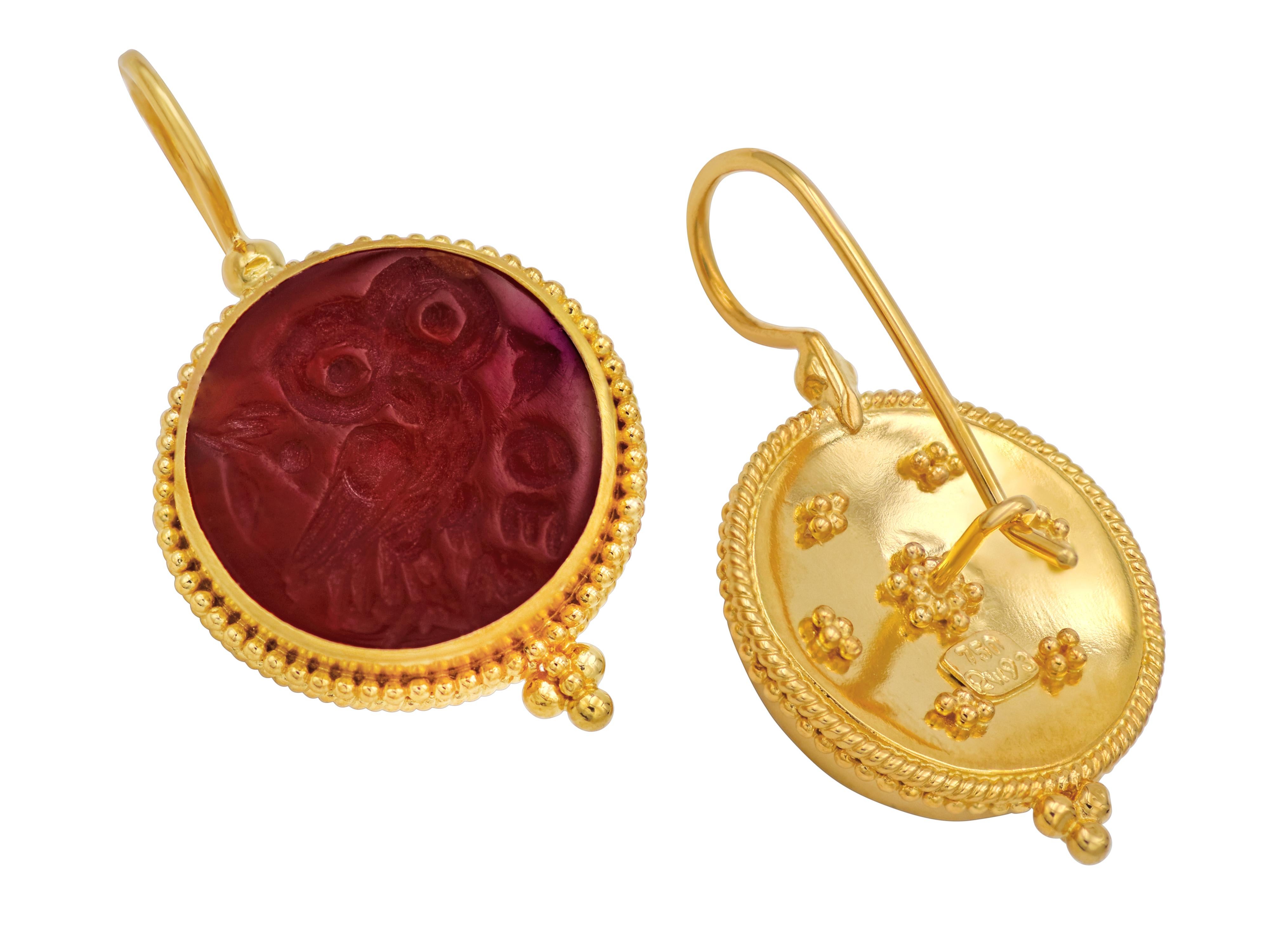 Classic earrings in 18k yellow gold with a natural cornelian stone made in museum replica and decorated with granulations even in the back. The cornelian is hand carved showing the owl symbol of wisdom and symbol of Athens.