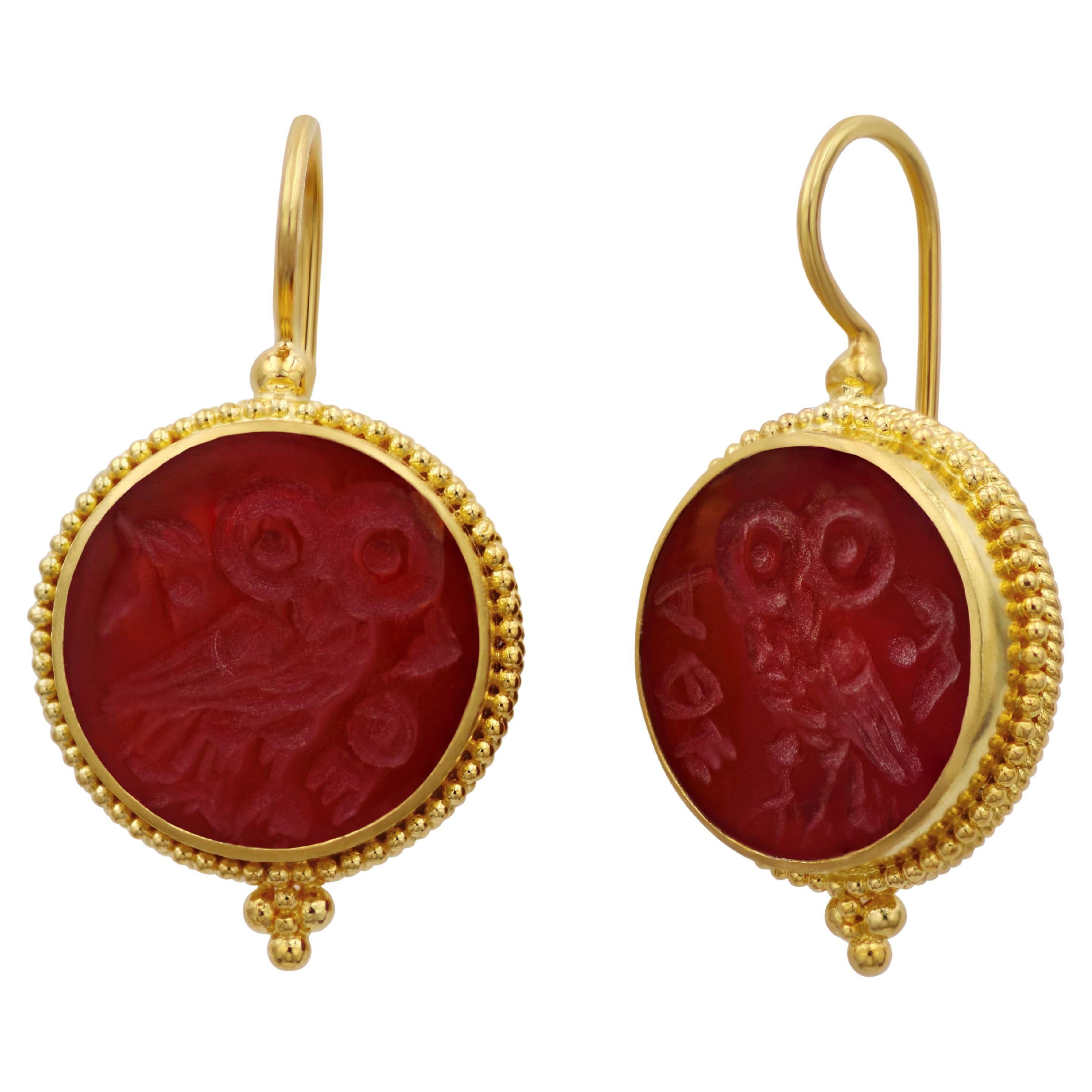 Dimos 18k Gold Owl Carved Earrings For Sale