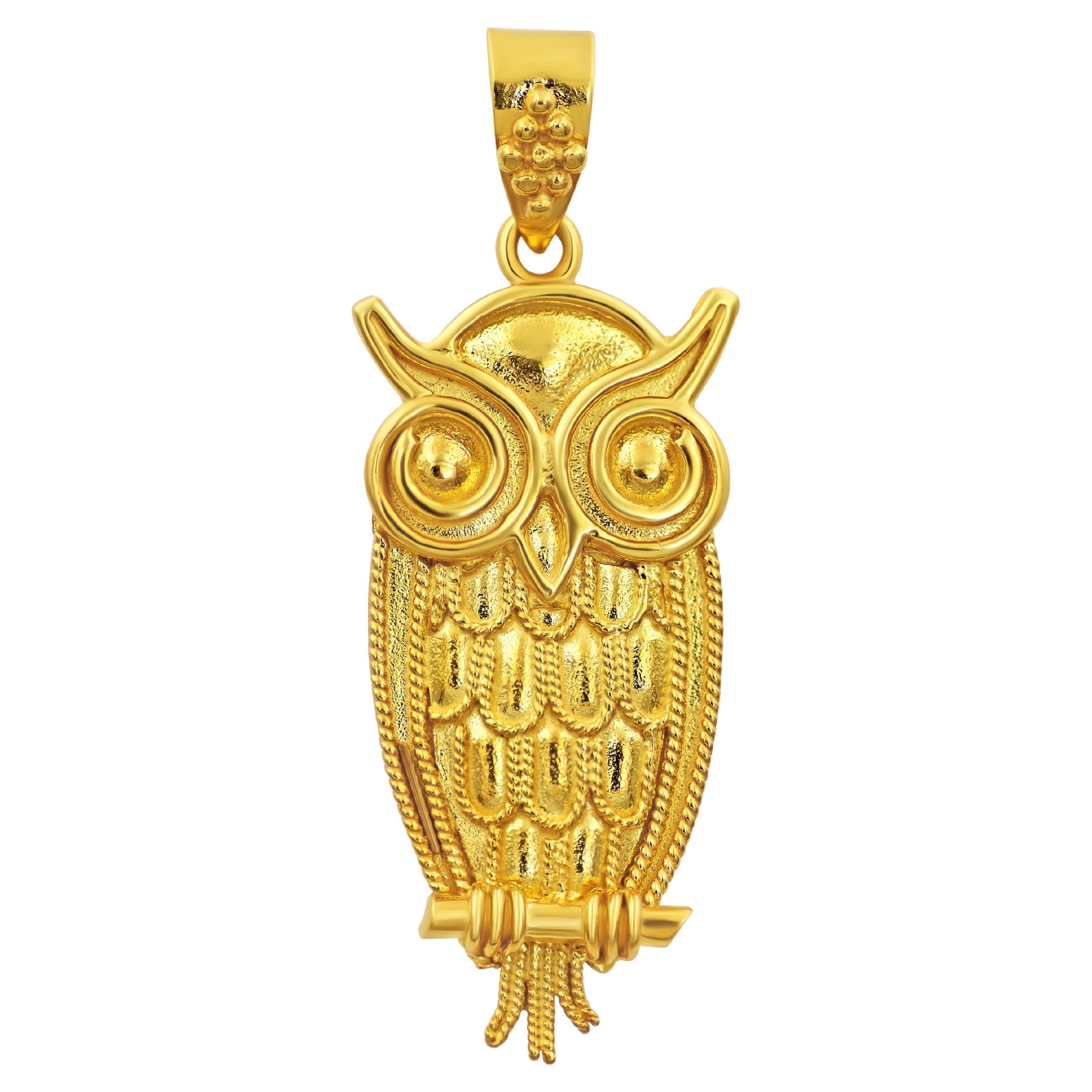 Dimos 18k Gold Owl Pendant. Ancient Greek Symbol For Sale