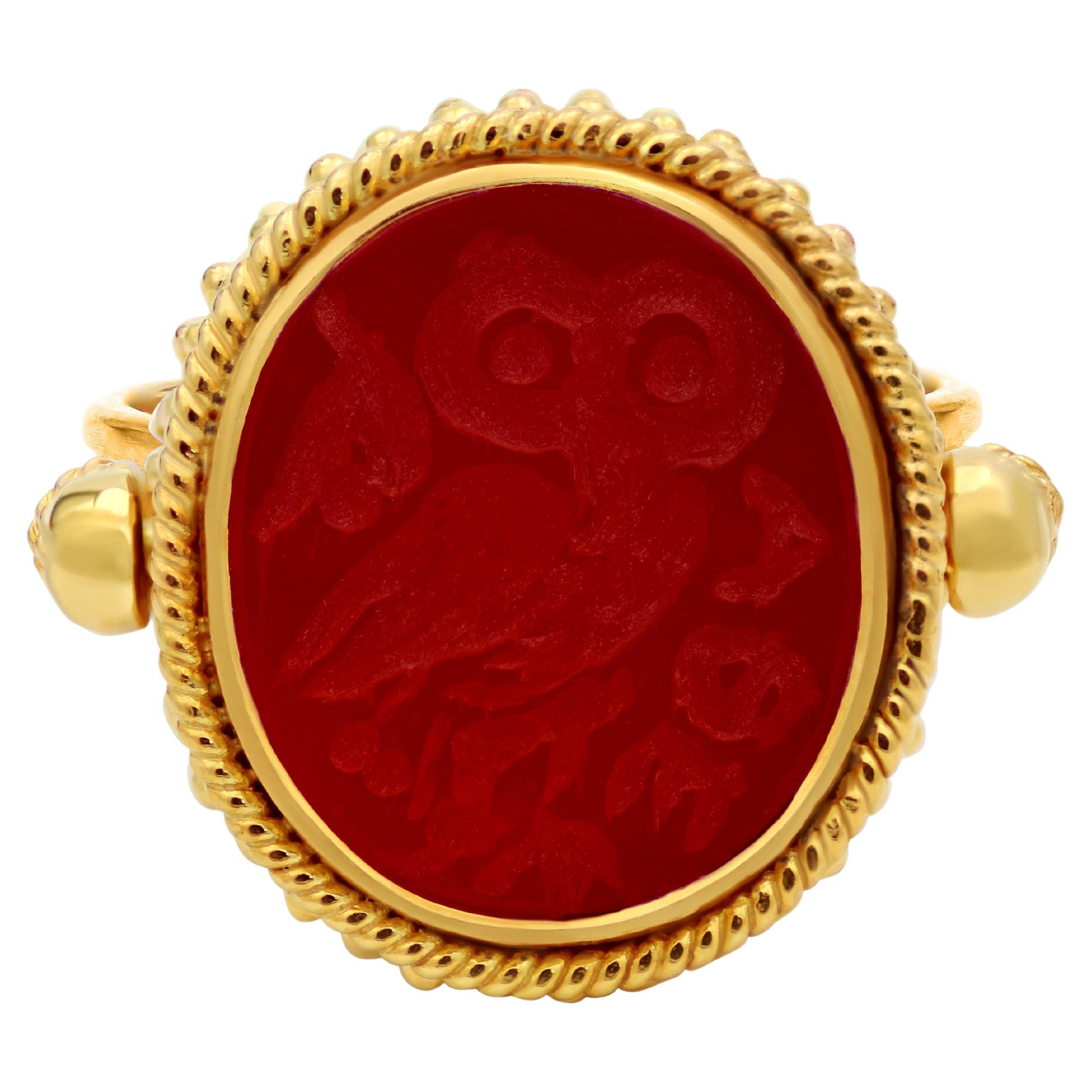 Dimos 18k Gold Reversible Carved Owl Ring For Sale