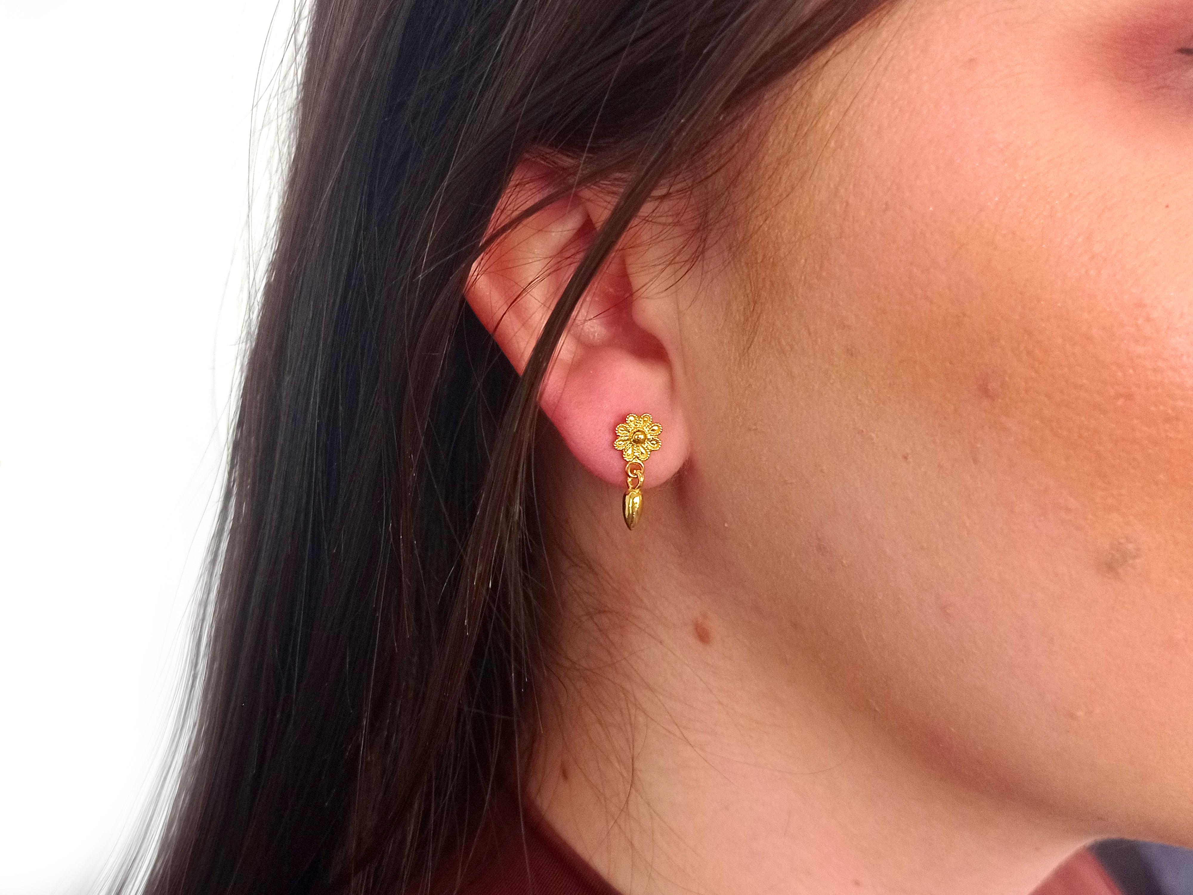 Neoclassical Dimos 18k Gold Single Rosette Dangle Earrings For Sale