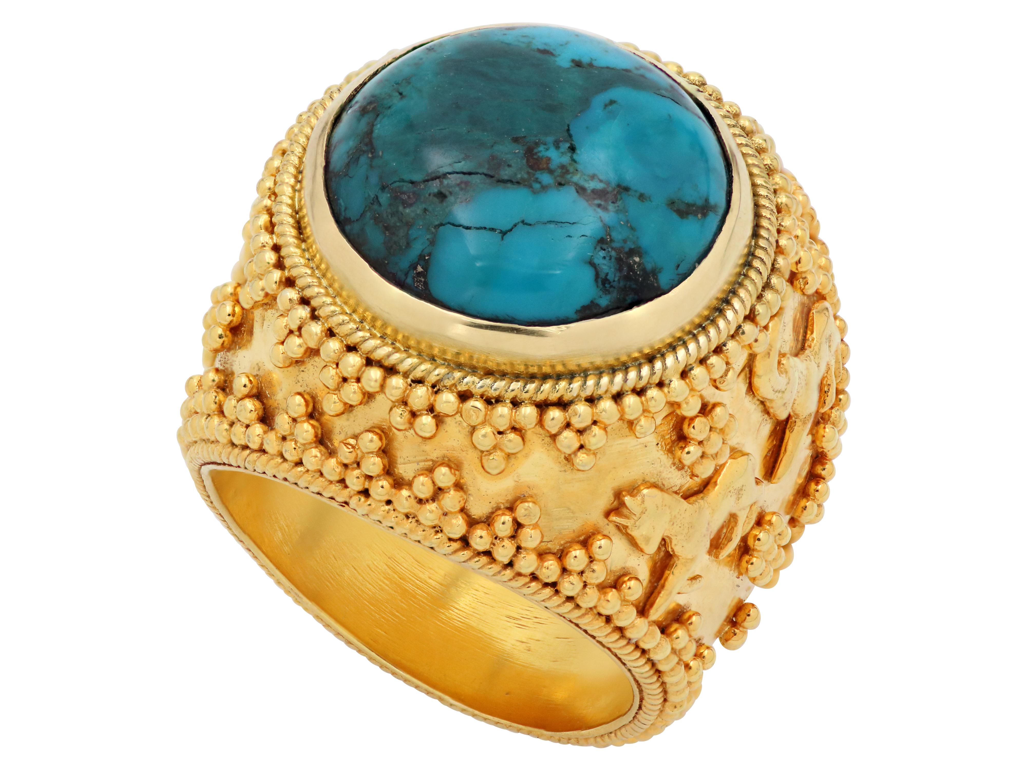 Dome ring in 18k yellow gold ring with natural round turquoise stone. Beautiful, strong and detail setting with over 400 round gold beats complete this work of art masterpiece all the way around. The side addition of the Kri Kri goats native to the