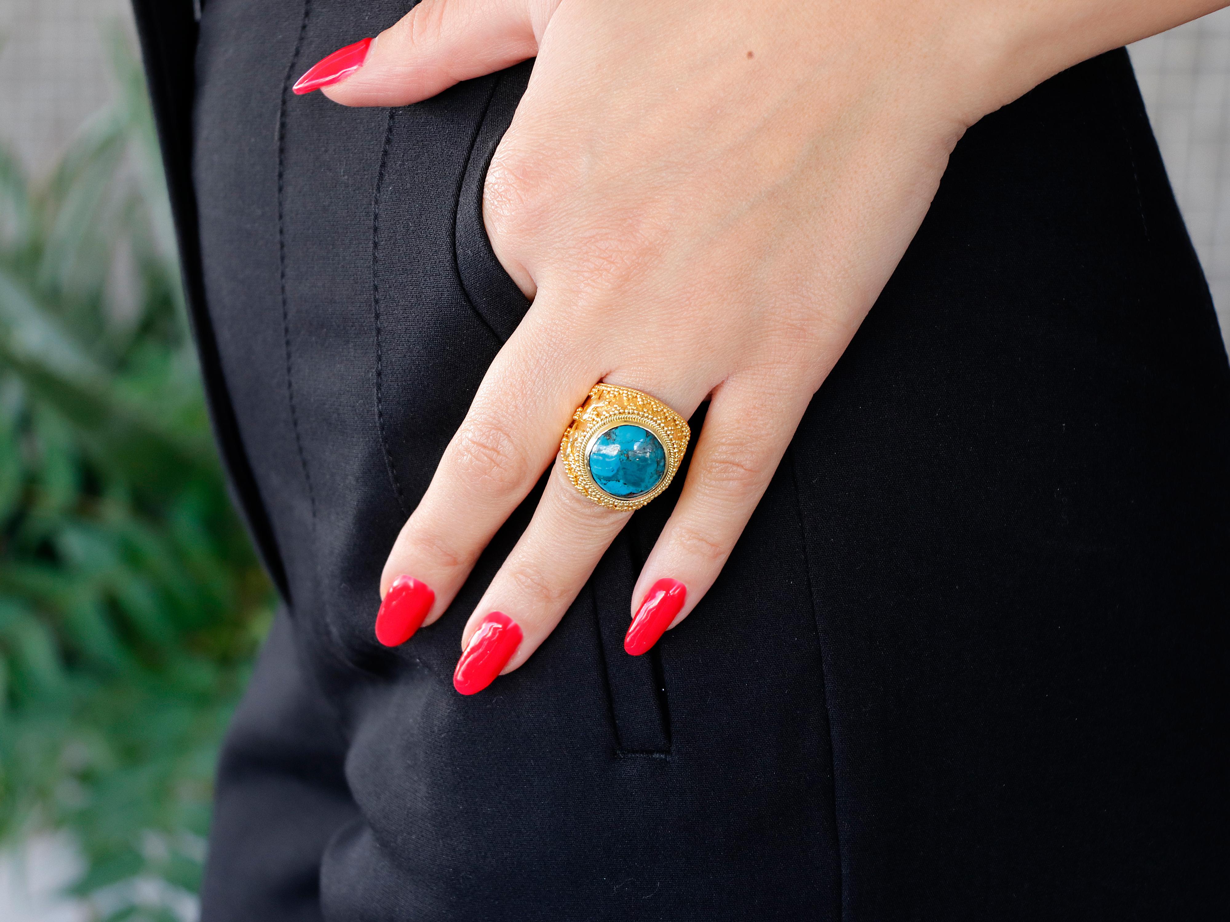 Round Cut Dimos 18k Gold Turquoise Dome Ring with Kri Kri Goats For Sale