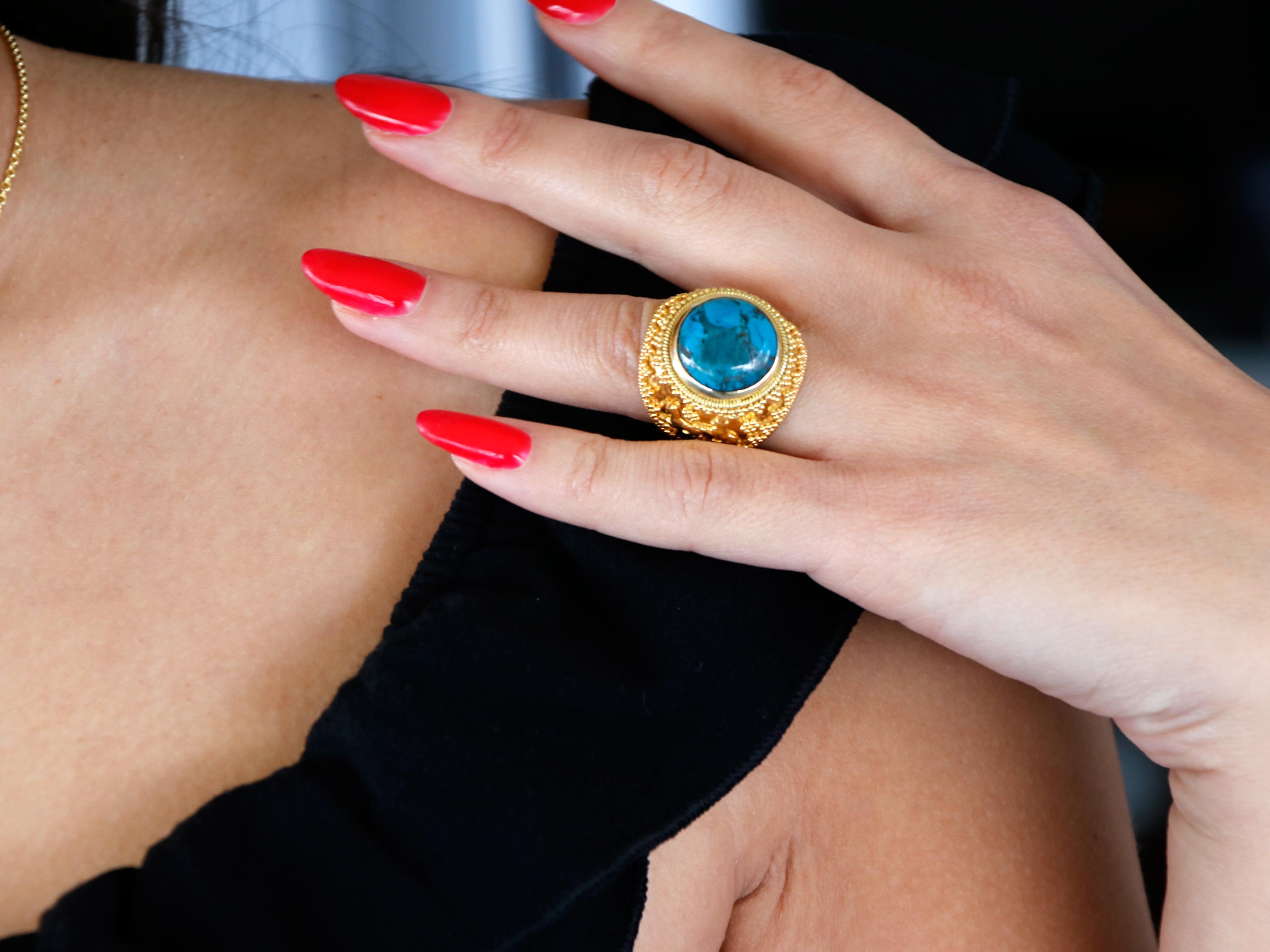 Dimos 18k Gold Turquoise Dome Ring with Kri Kri Goats In New Condition For Sale In Athens, GR