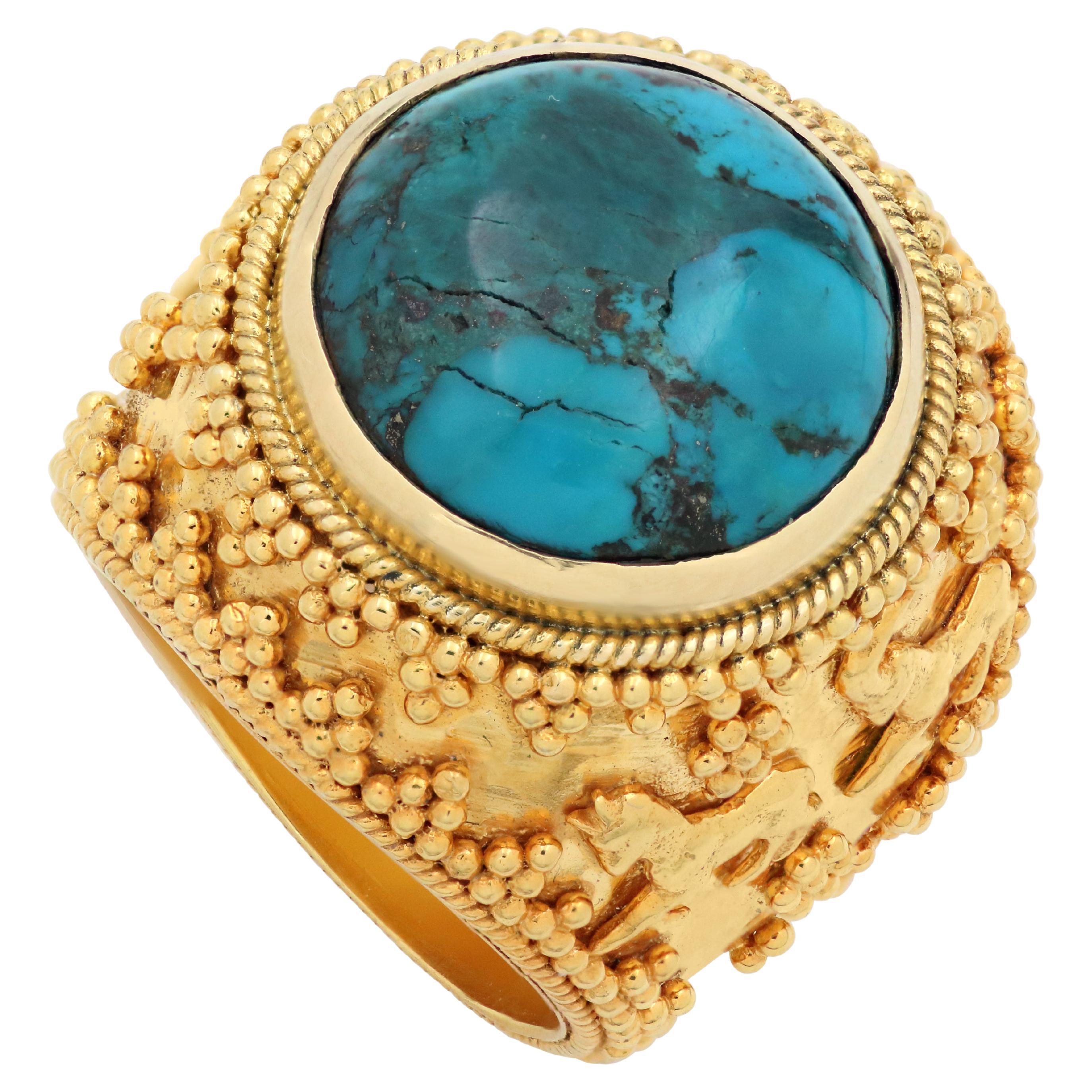 Dimos 18k Gold Turquoise Dome Ring with Kri Kri Goats