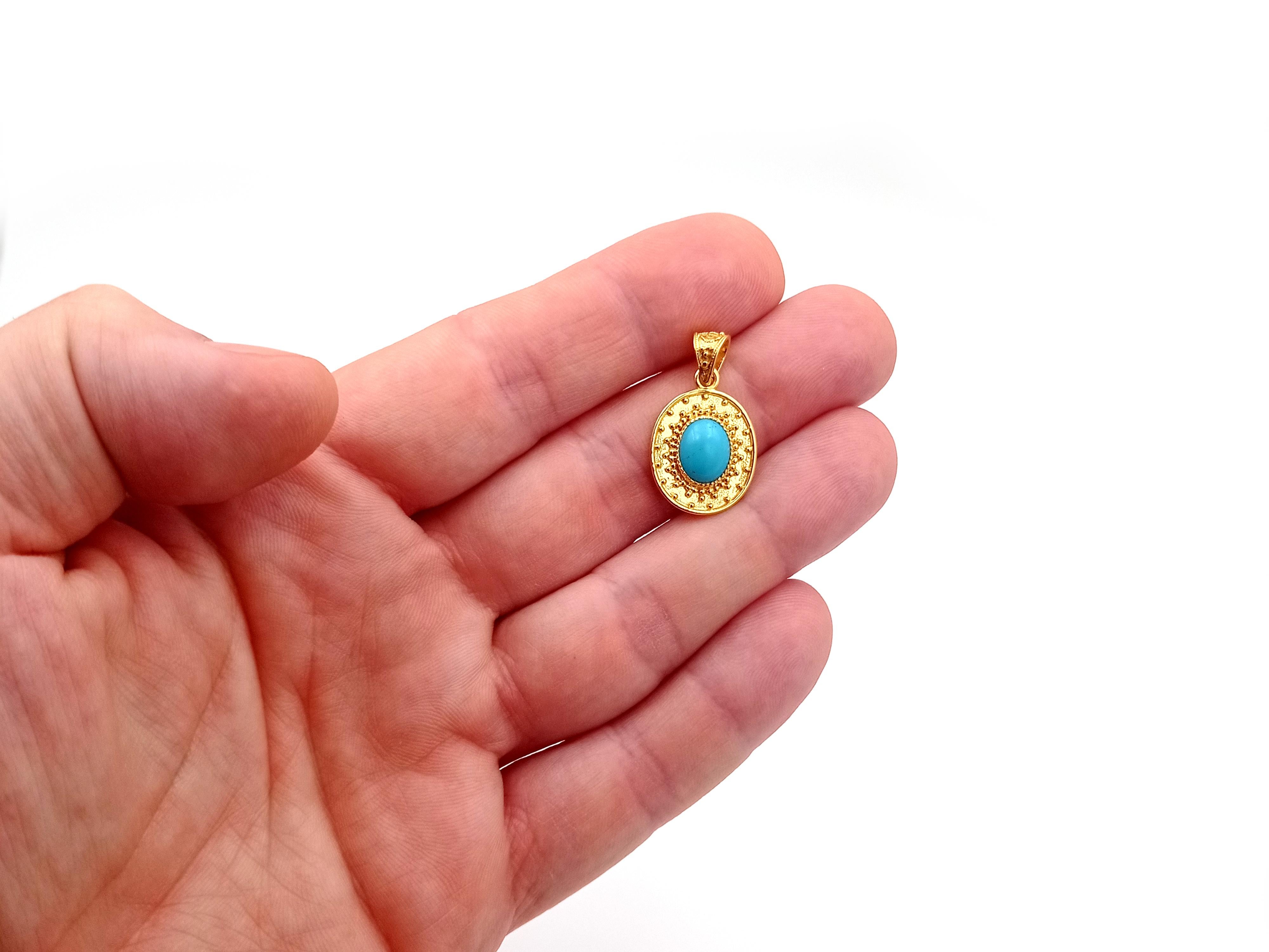 Byzantin Dimos Pendentif Granulations turquoise 18 carats en vente