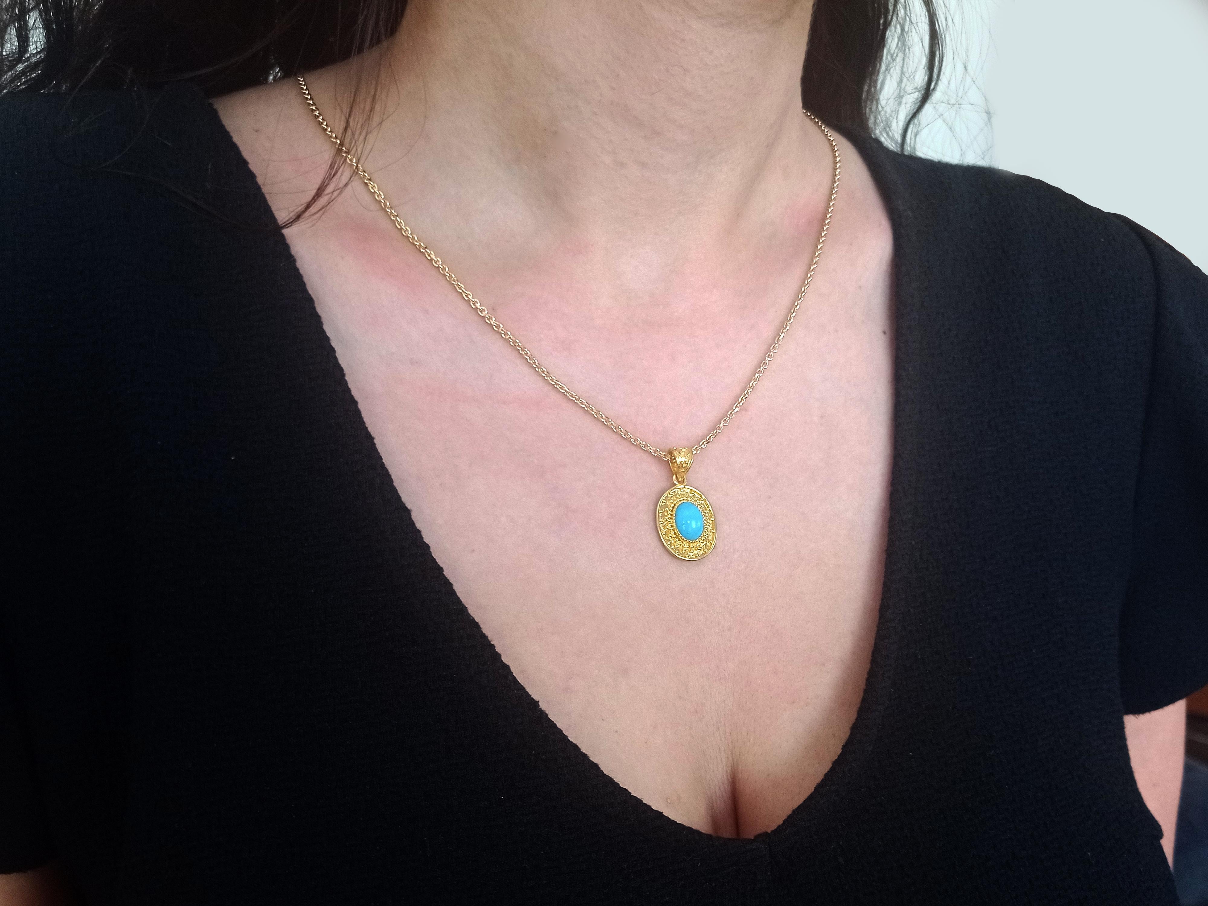 Dimos 18k Gold Turquoise Granulations Pendant In New Condition For Sale In Athens, GR