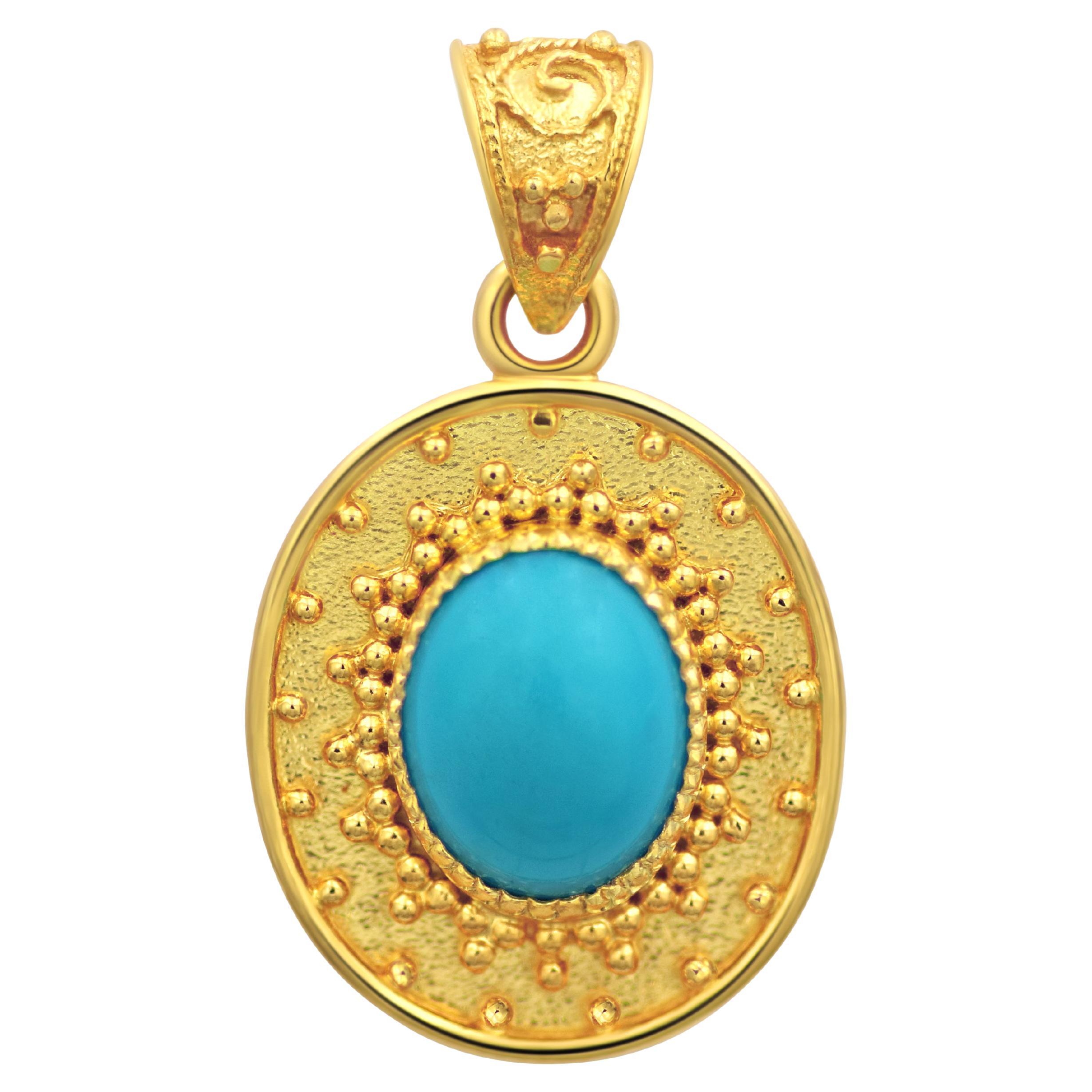 Dimos 18k Gold Turquoise Granulations Pendant For Sale