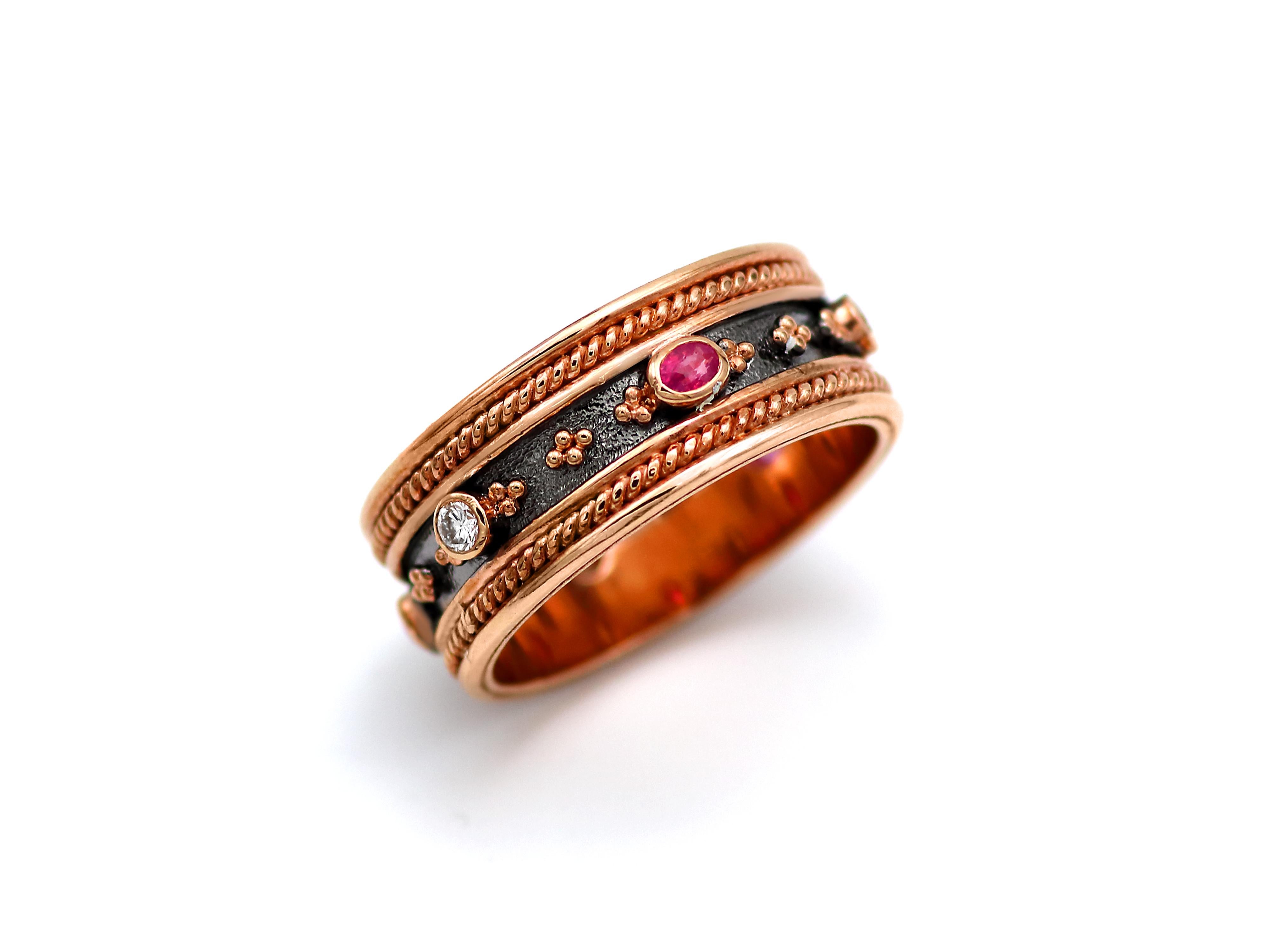 Endless Βyzantine inspired band ring of the Noir Collection handmade by Dimos in 18 karat rose gold and set with three oval 0.15 carats rubies and three round 0.15 carats not graded brilliant cut diamonds. A combination that brings out the redness