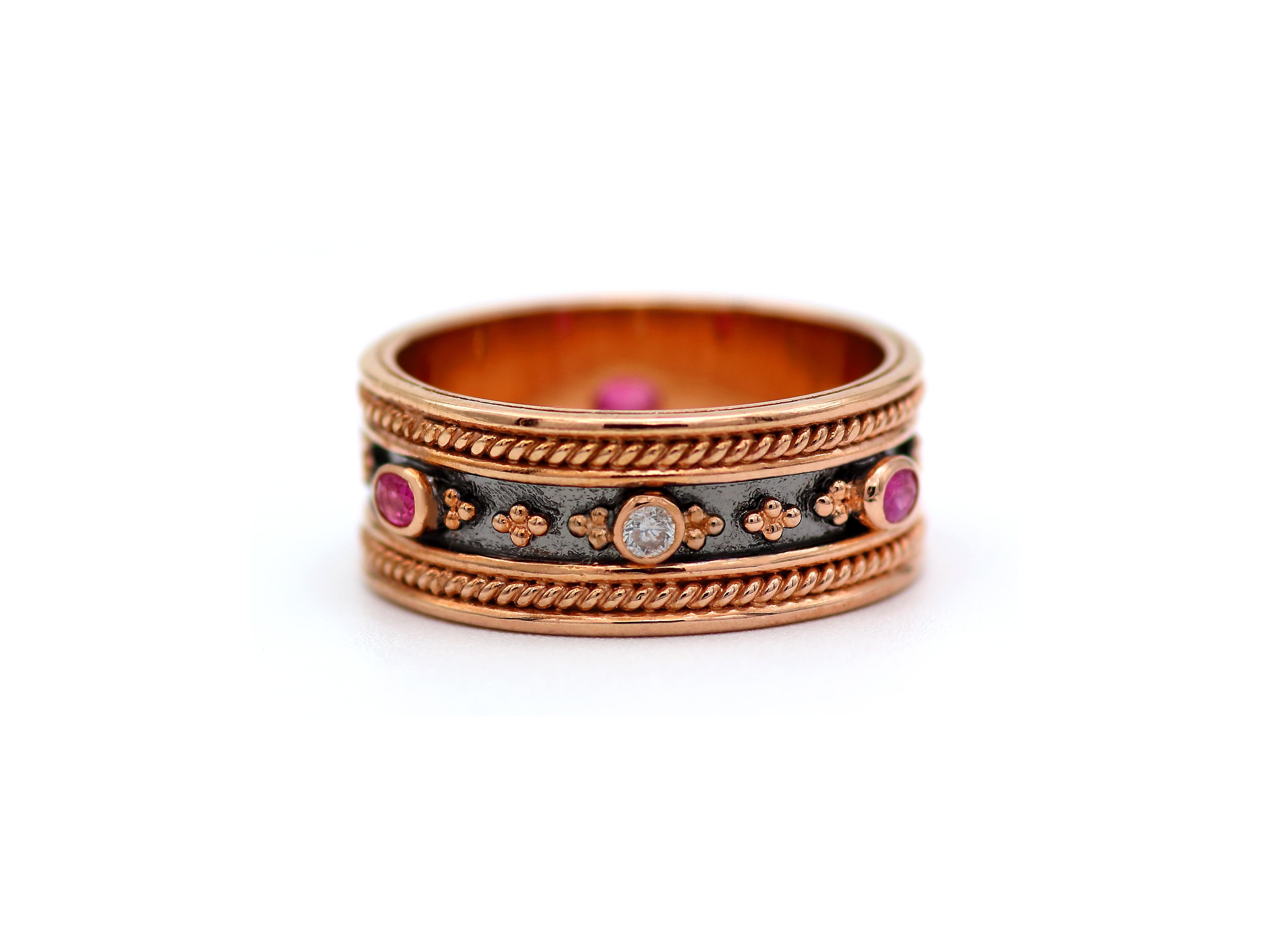 Women's Dimos 18k Rose Gold Byzantine Inspired Band Ring with Rubies & Diamonds For Sale