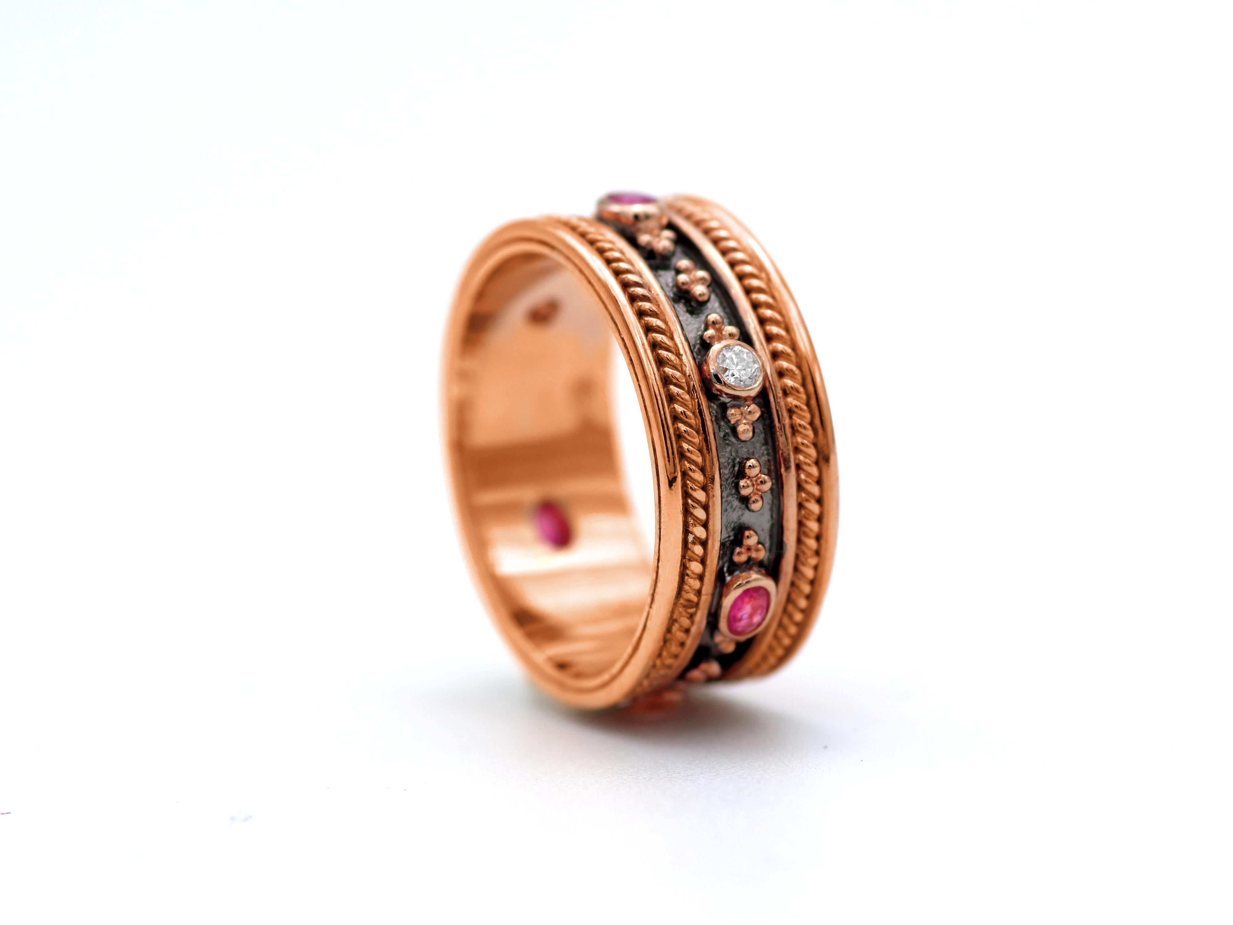 Dimos 18k Rose Gold Byzantine Inspired Band Ring with Rubies & Diamonds For Sale 1