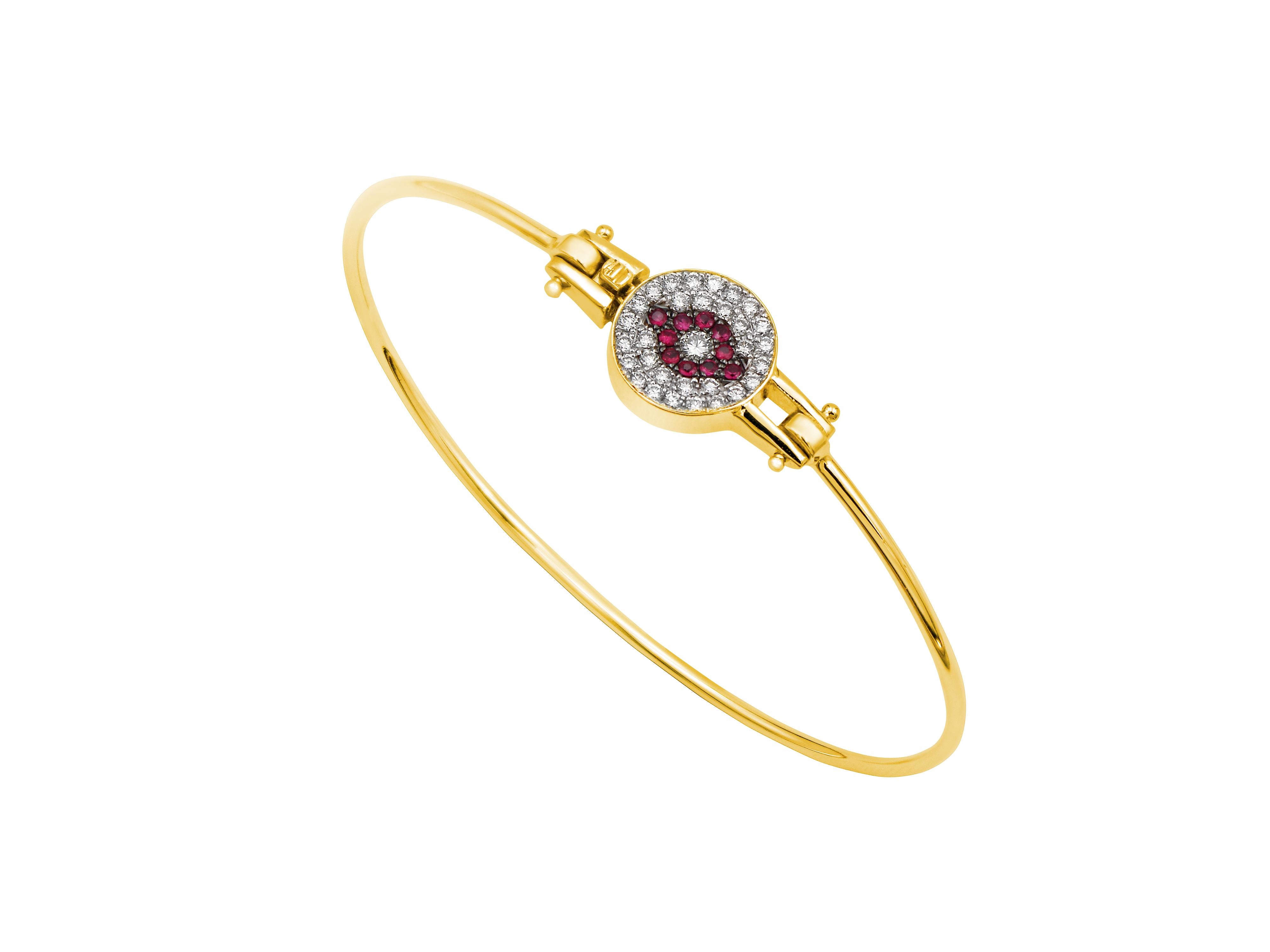 Brilliant Cut Dimos 18k White Gold Evil Eye Bangle Bracelet with Rubies and Diamonds For Sale