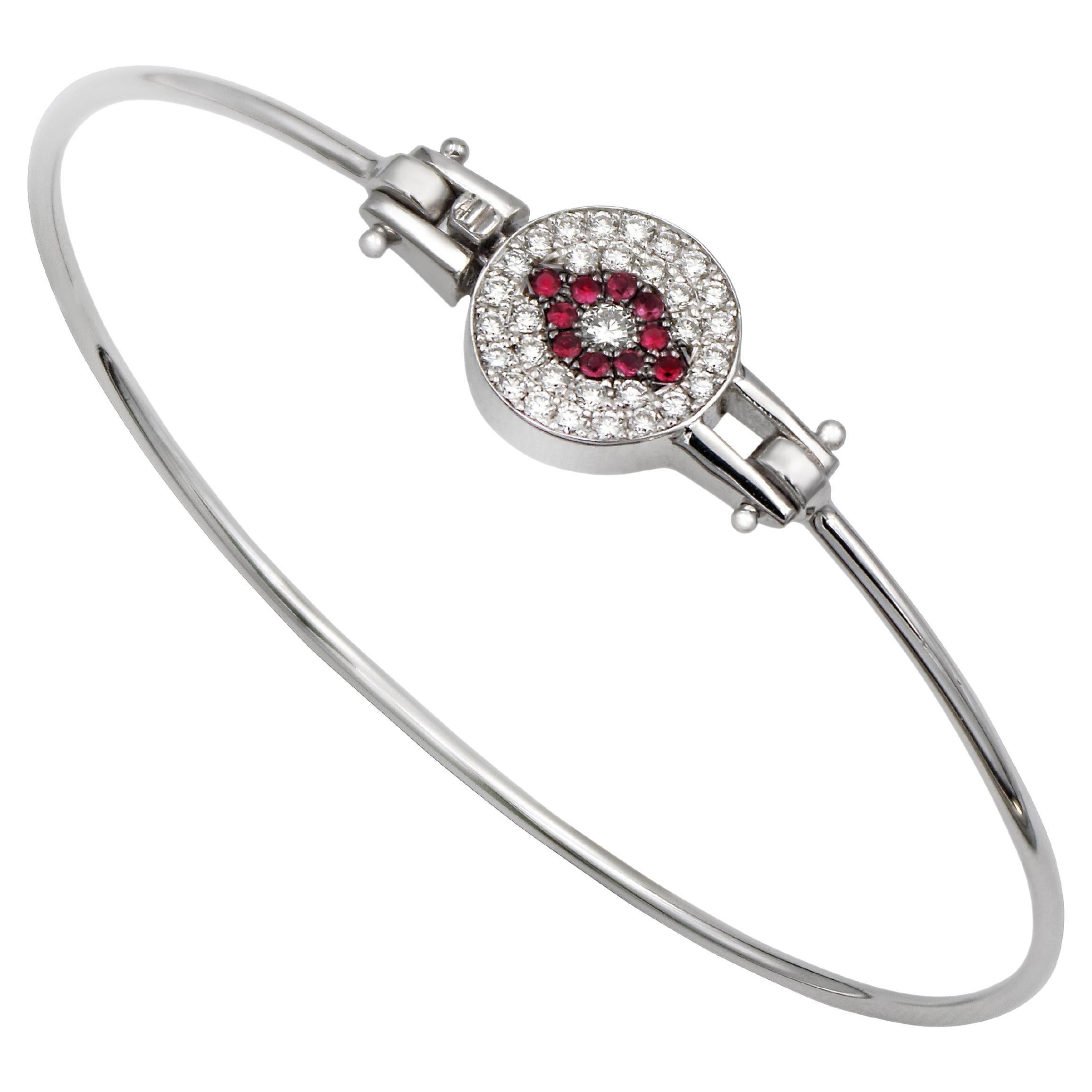 Dimos 18k White Gold Evil Eye Bangle Bracelet with Rubies and Diamonds For Sale