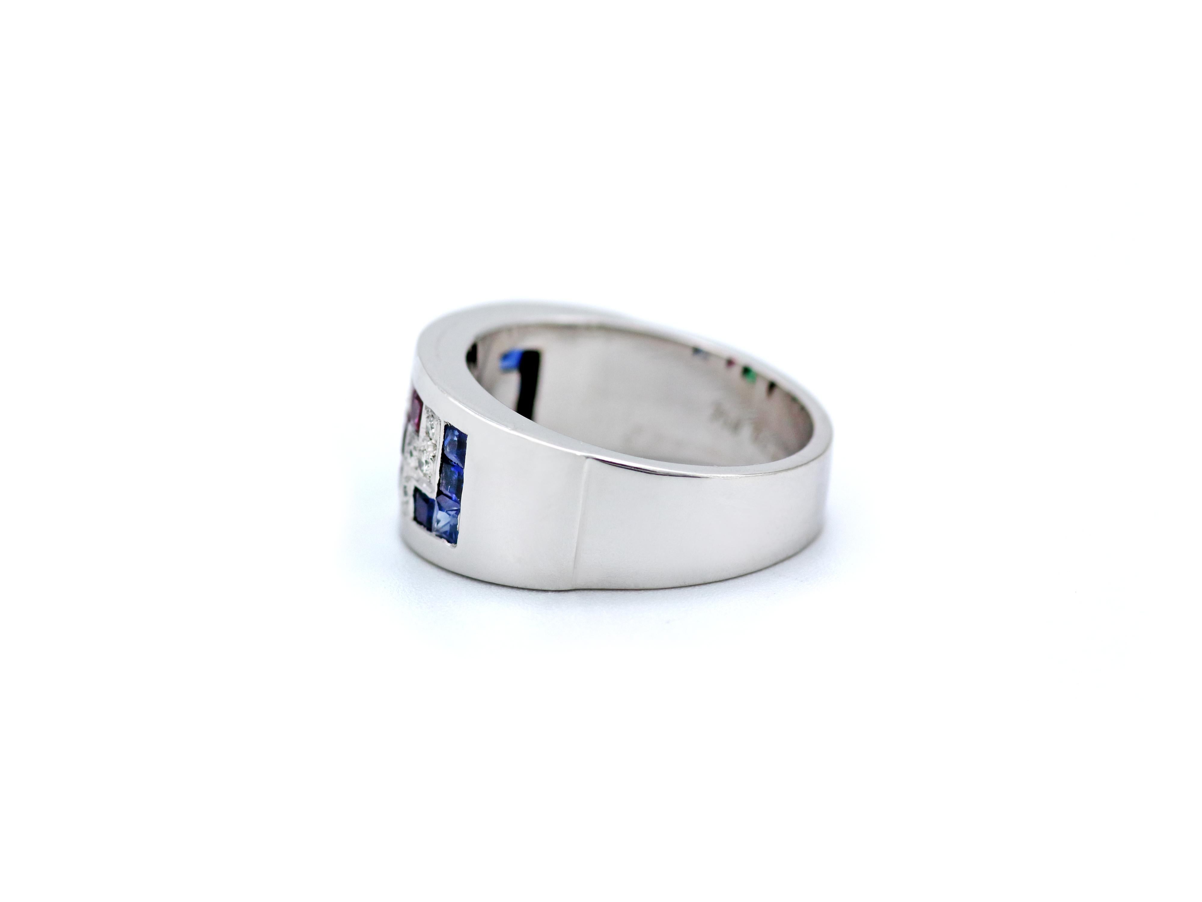 Princess Cut Dimos 18k White Gold Greek Key Cocktail Band Ring For Sale