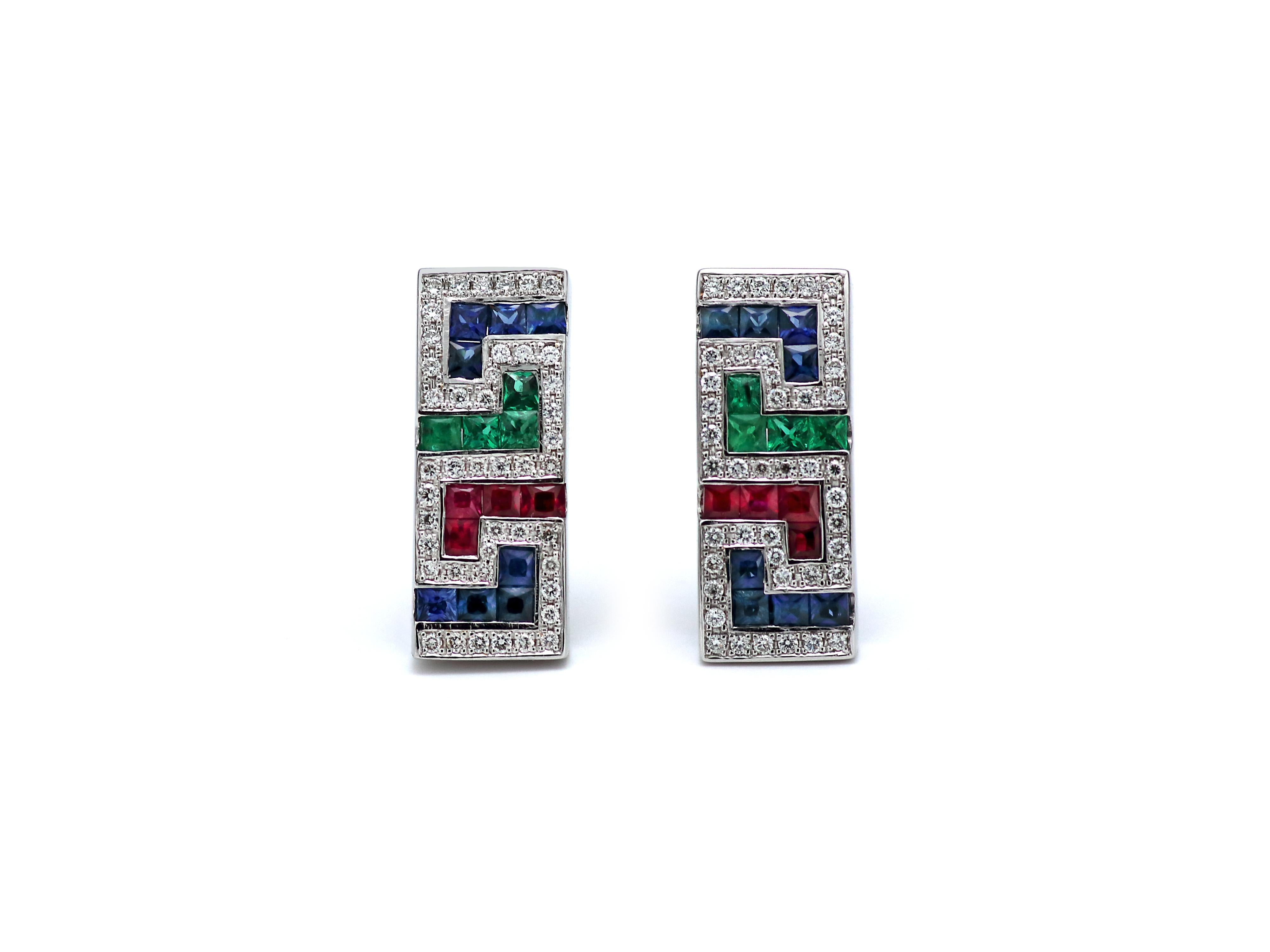 Happy Greek key collection. This earrings in 18 karats white gold it’s one of the most recognizable designs worldwide. Recognizable for its Greek origin but also known as the symbol of the long life. The technical name of it is Meander. Known as the