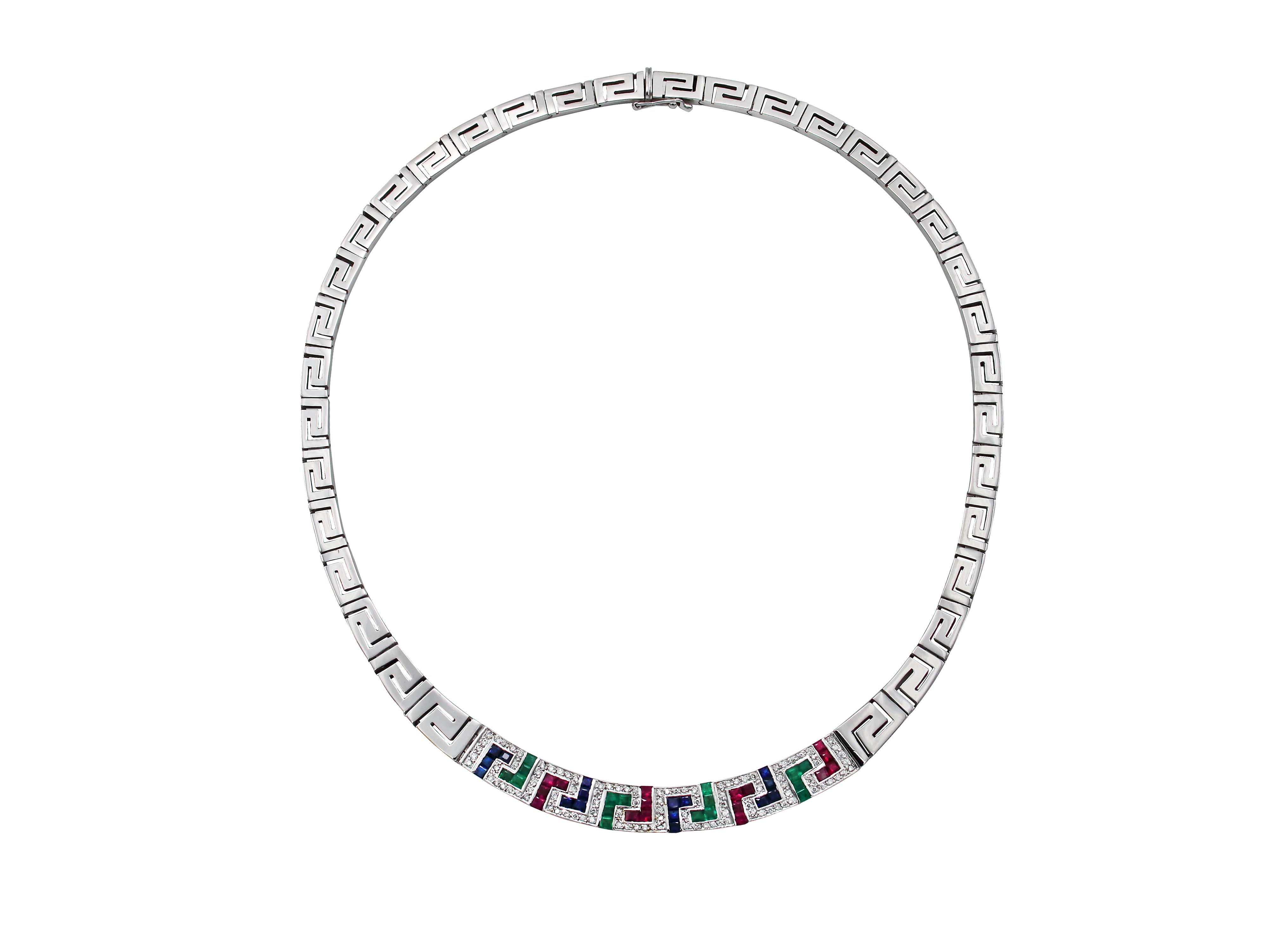 Happy Greek key collection. This necklace in 18 karats white gold it’s one of the most recognizable designs worldwide. Recognizable for its Greek origin but also known as the symbol of the long life. The technical name of it is Meander. Known as the
