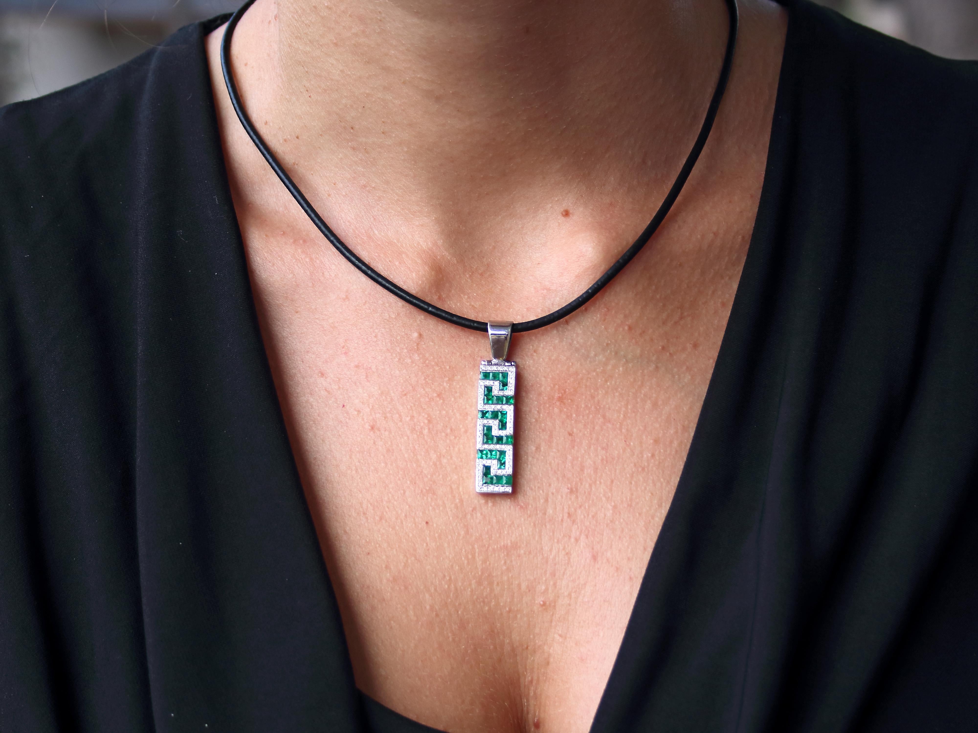 Classical Greek Dimos 18k White Gold Greek Key Pendant with Emeralds For Sale