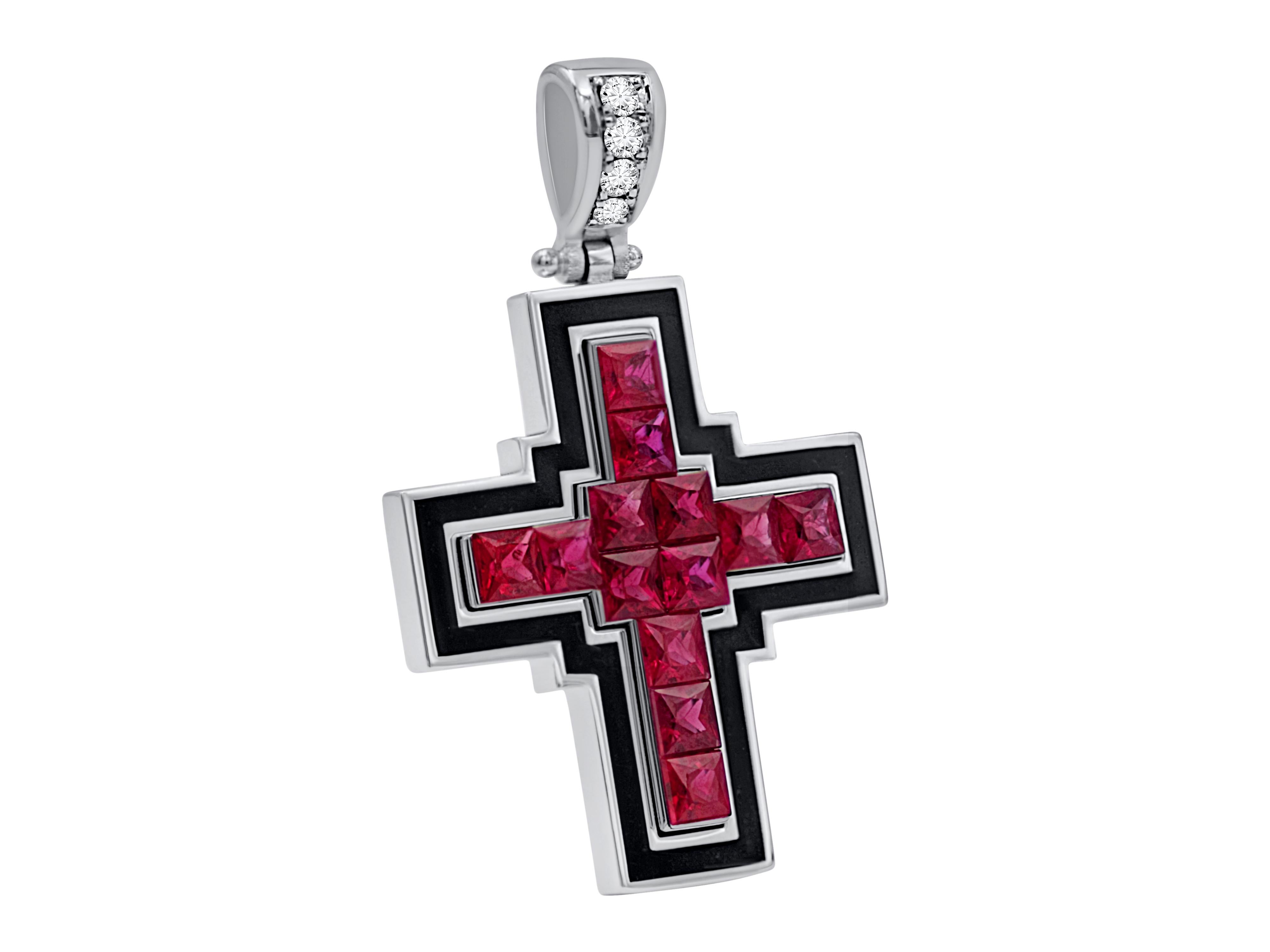 18k white gold cross made with an excellent precision of 1.67 carats princess cut Rubies that follow the design and sets with the invisible setting. A setting that can only accept the most precise cuts of stones. The outer frame host black enamel