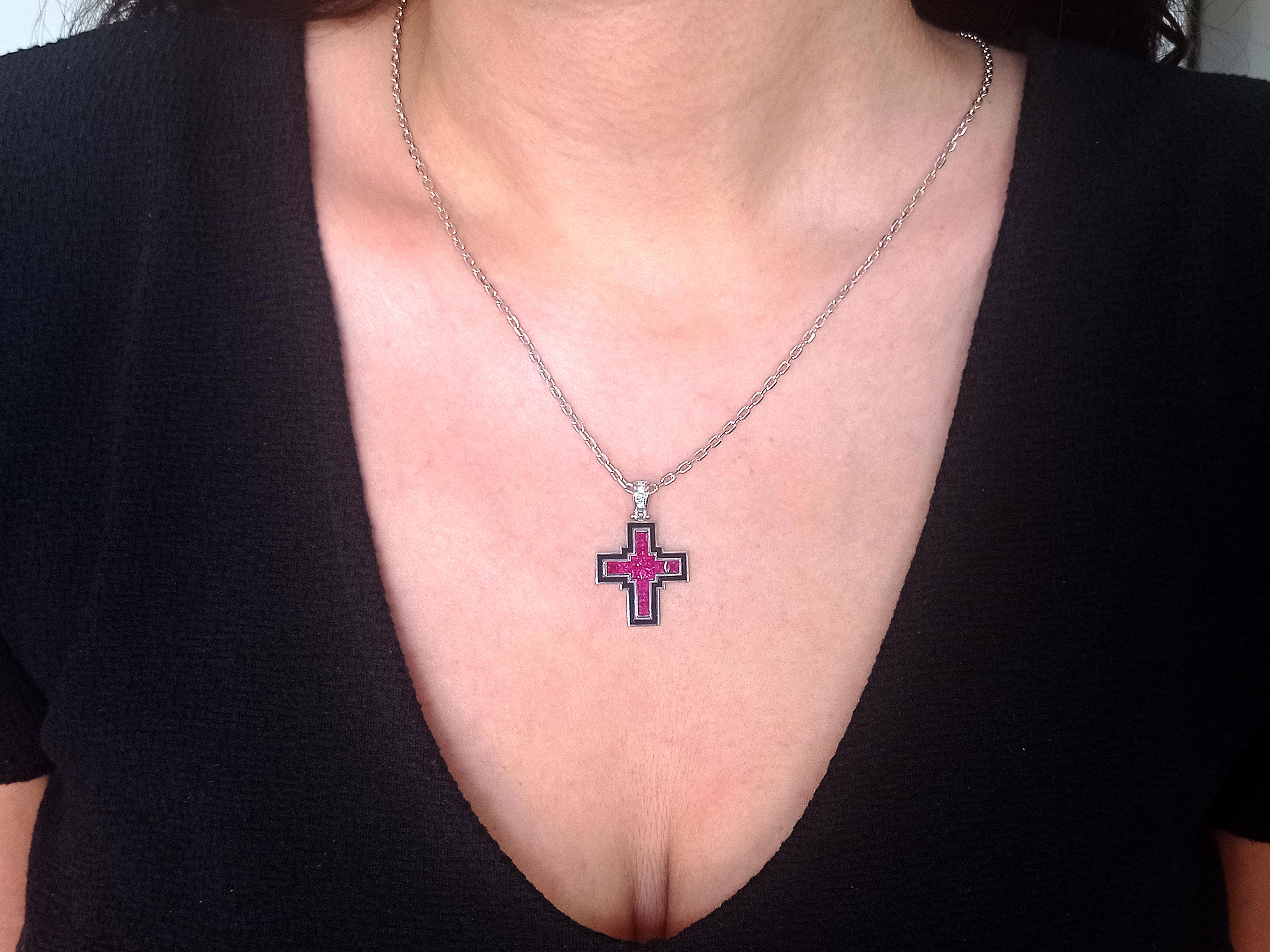 Dimos 18k White Gold Rubies Cross In New Condition For Sale In Athens, GR