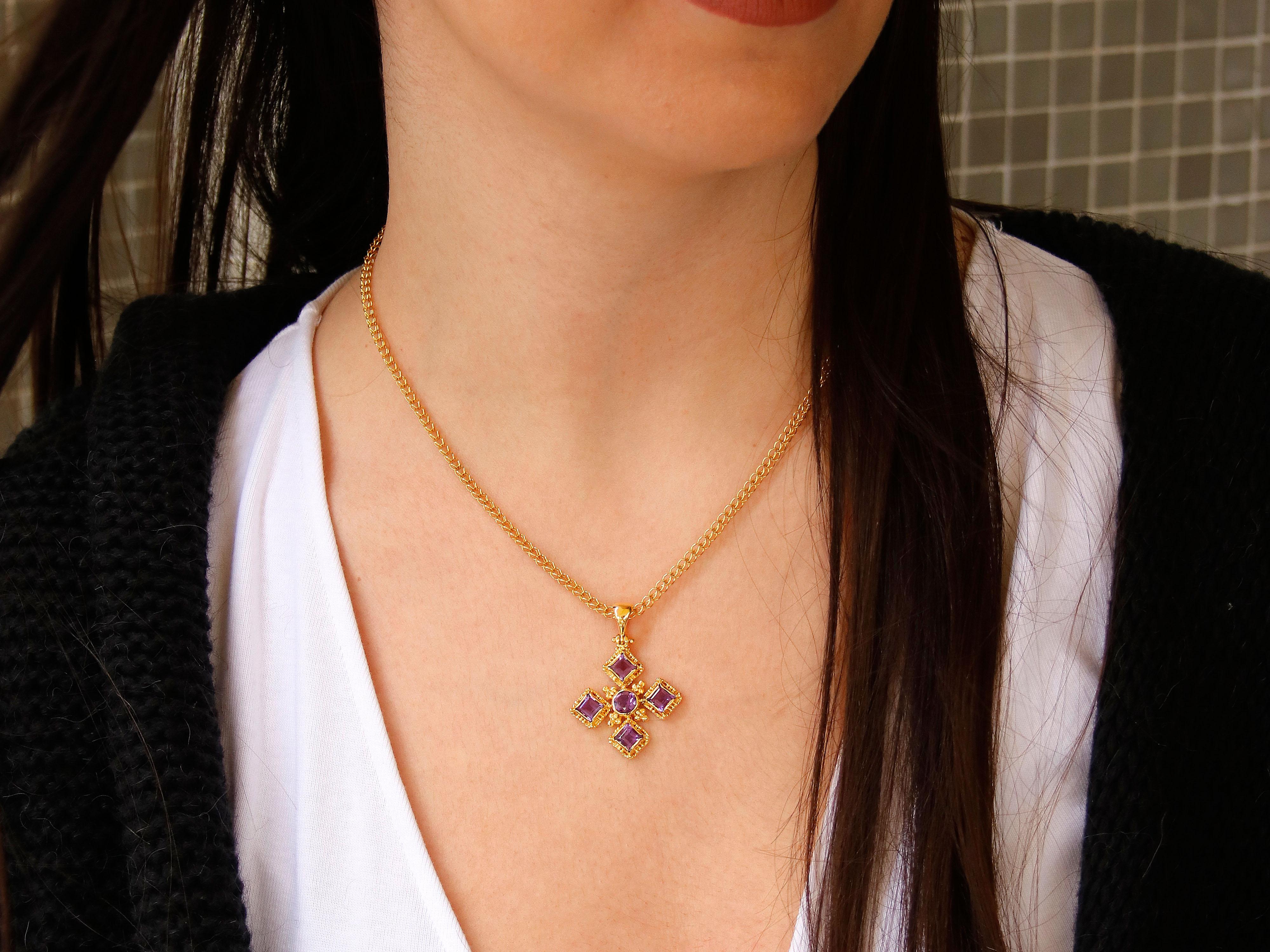 Byzantine Dimos 18k Yellow Gold Cross with Amethyst For Sale