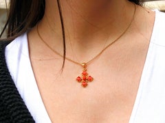 Dimos 18k Yellow Gold Cross with Coral and Granulation