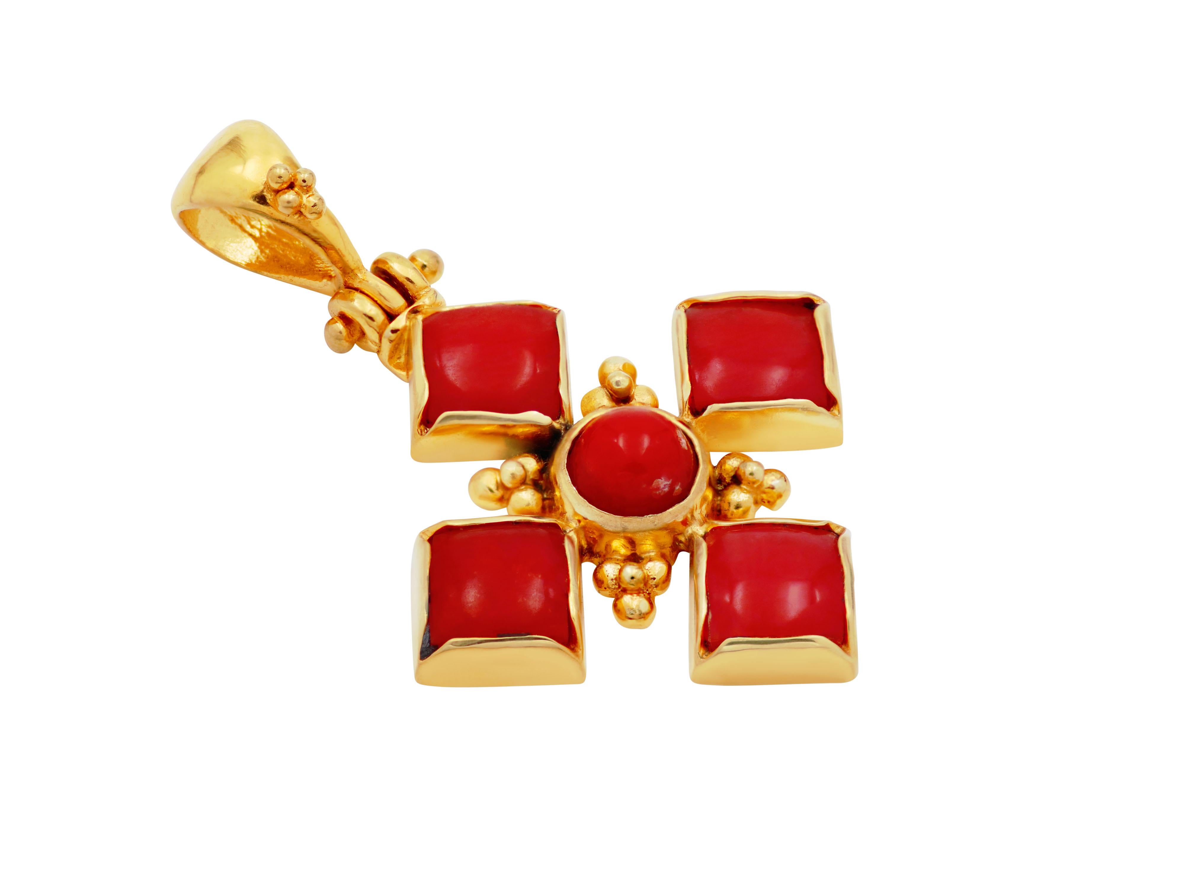 Classical Greek Dimos 18k Yellow Gold Cross with Coral and Granulation For Sale