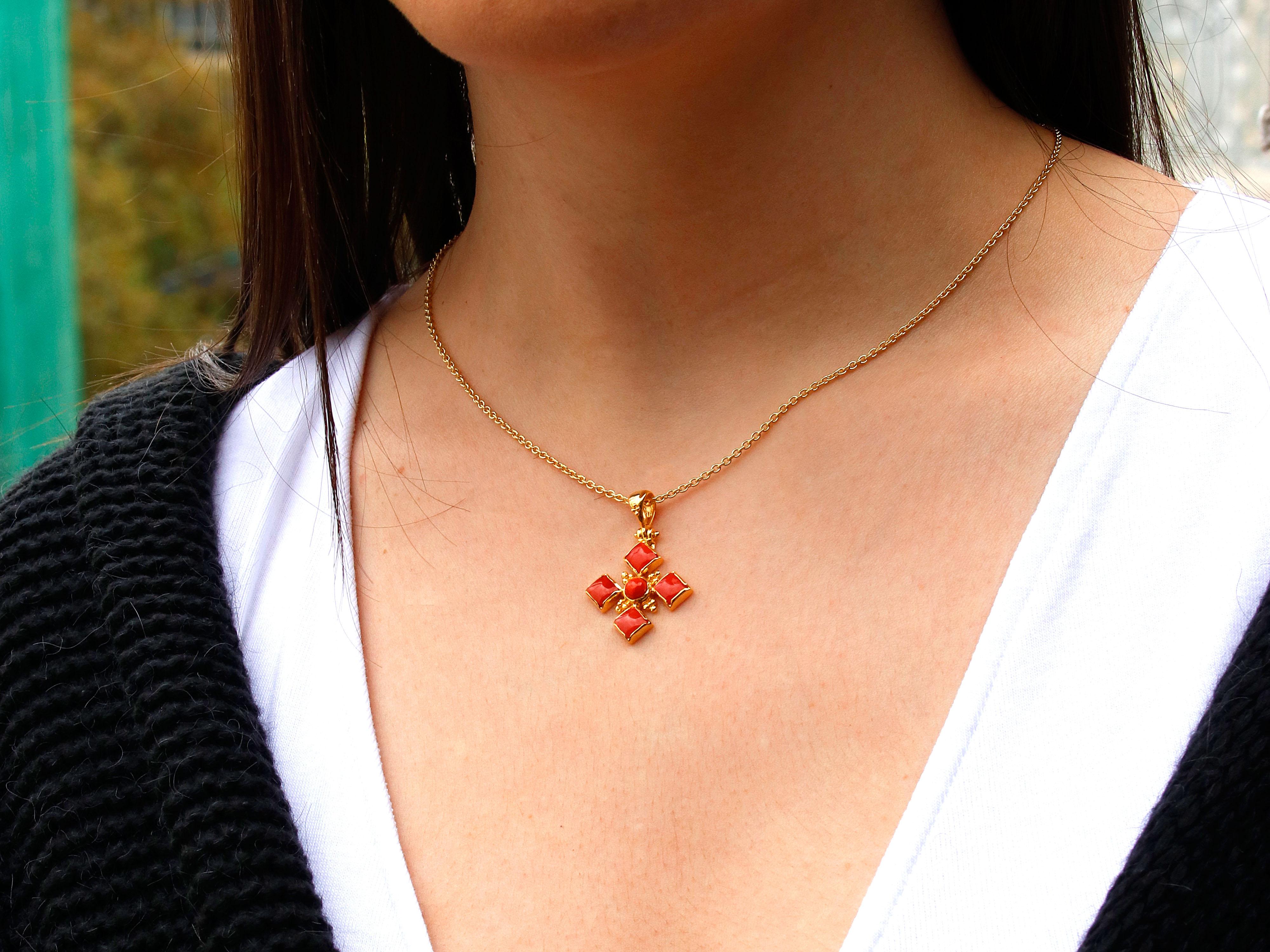 Square Cut Dimos 18k Yellow Gold Cross with Coral and Granulation For Sale