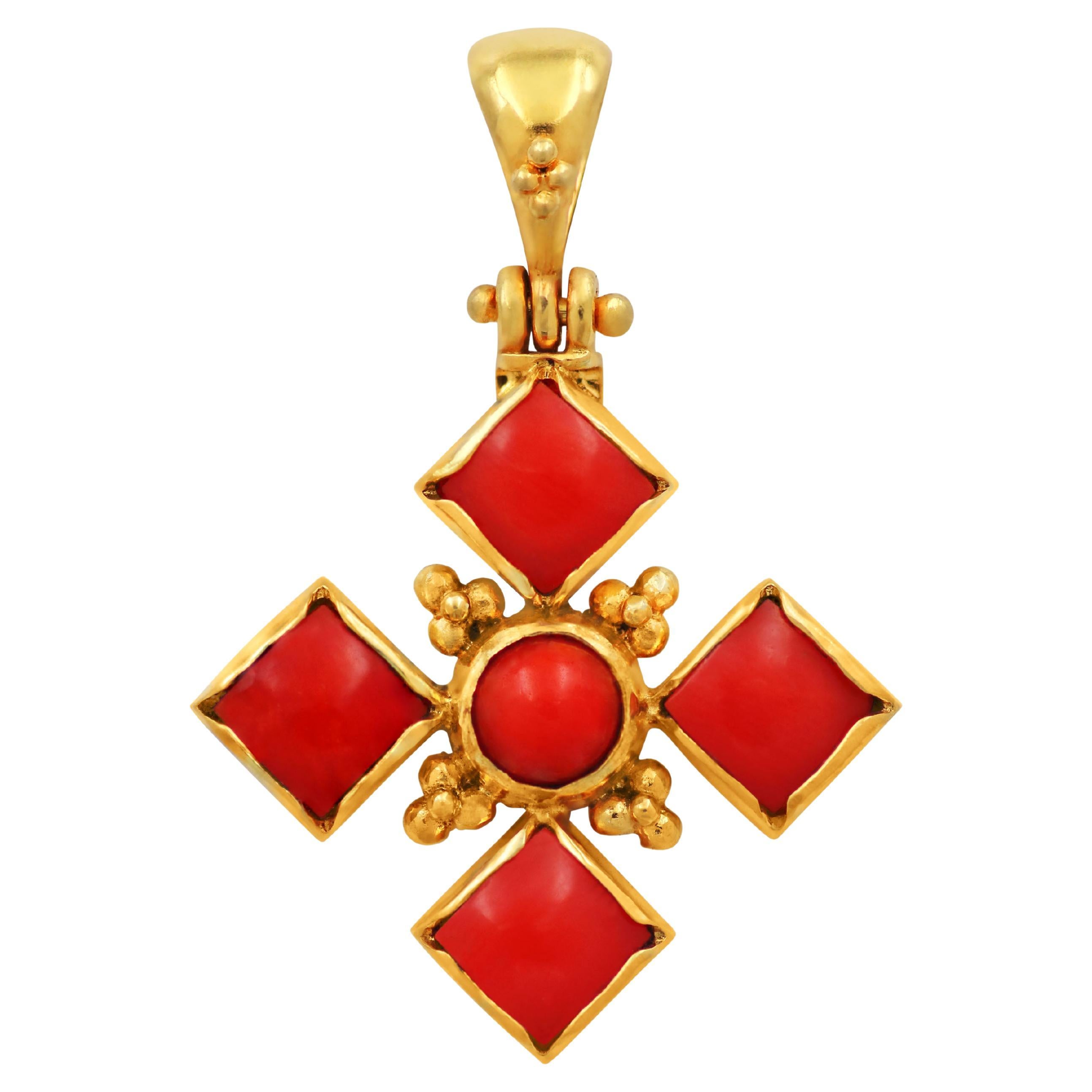 Dimos 18k Yellow Gold Cross with Coral and Granulation For Sale