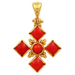 Vintage Dimos 18k Yellow Gold Cross with Coral and Granulation