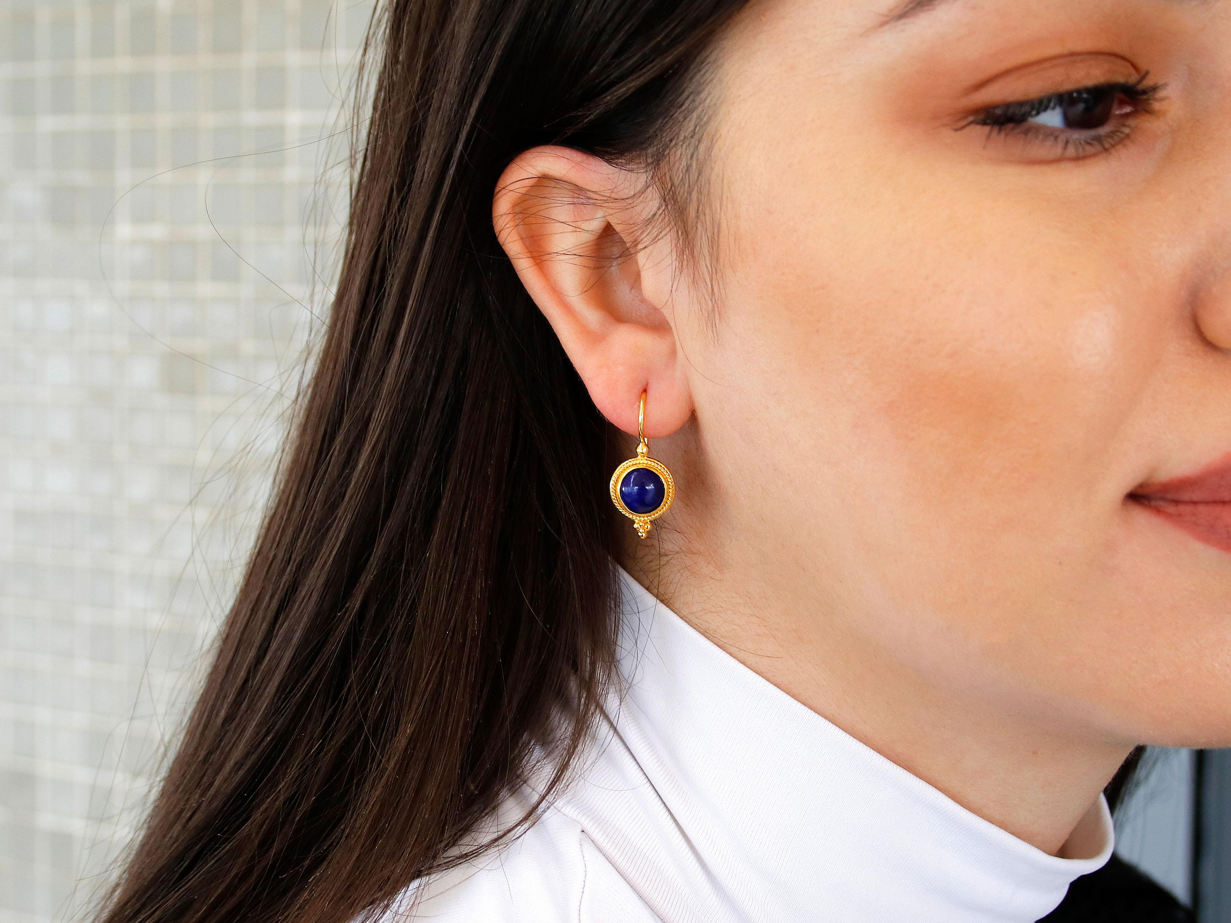 Classical Greek Dimos 18k Yellow Gold Earrings with Lapis Lazuli For Sale