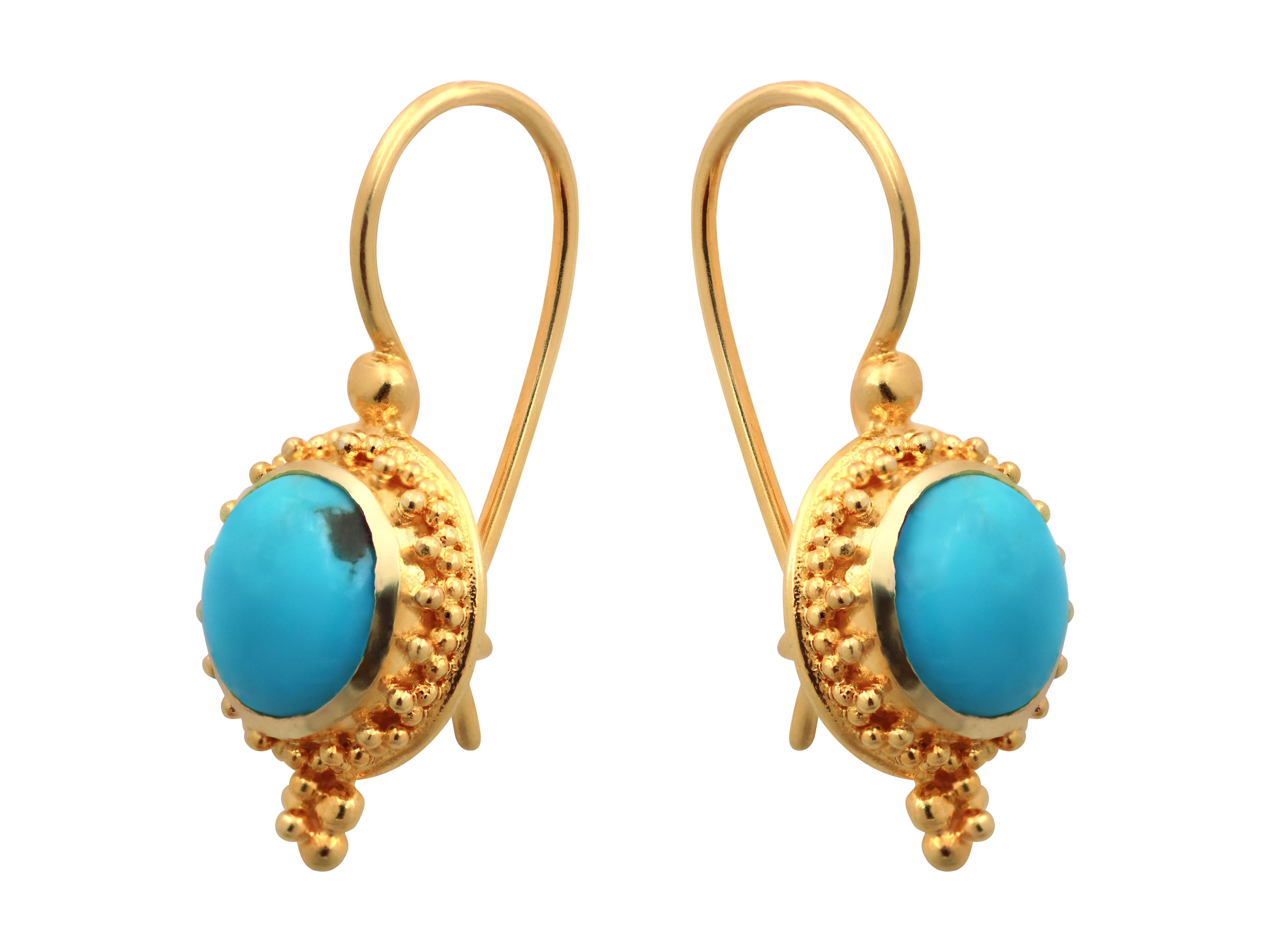 Classical Greek Dimos 18k Yellow Gold Earrings with Turquoise Stone For Sale