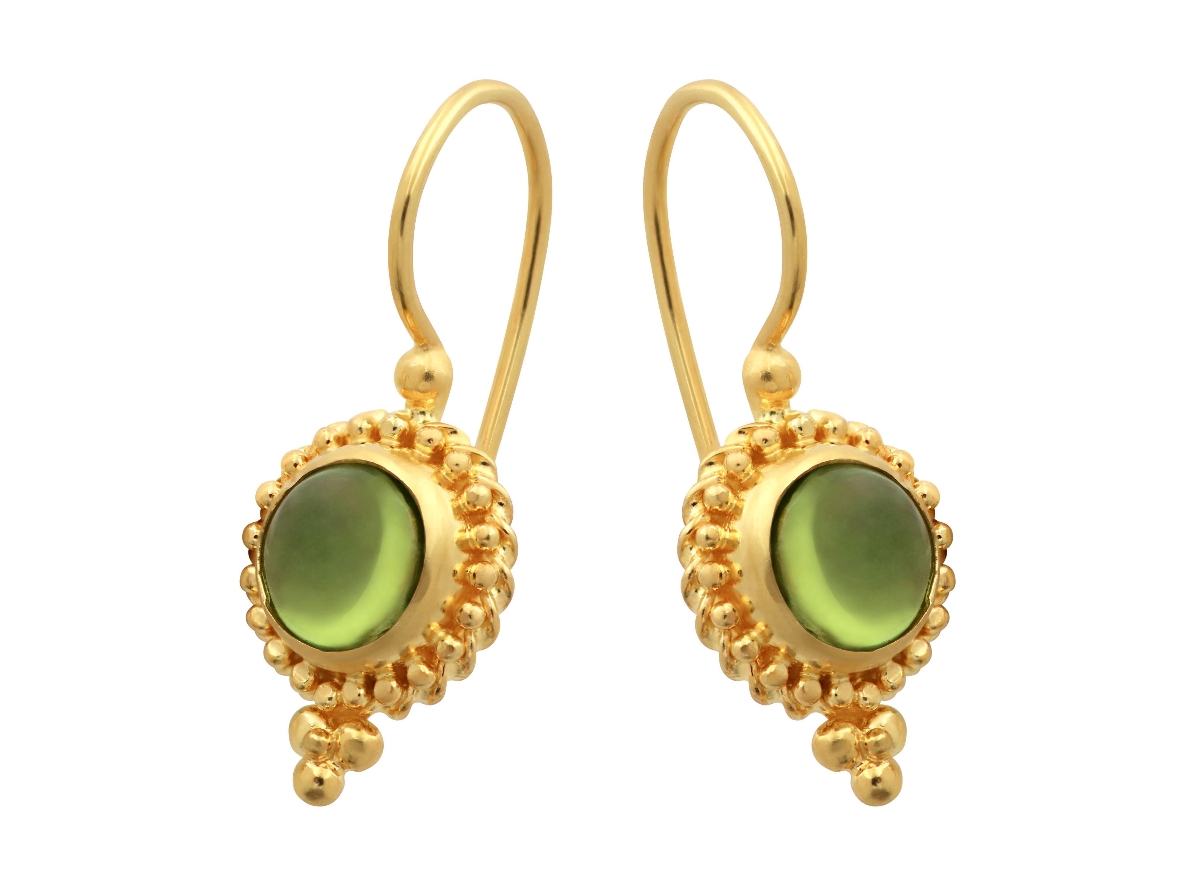 Classical Greek Dimos 18k Yellow Gold Filigree Earrings with Peridot For Sale