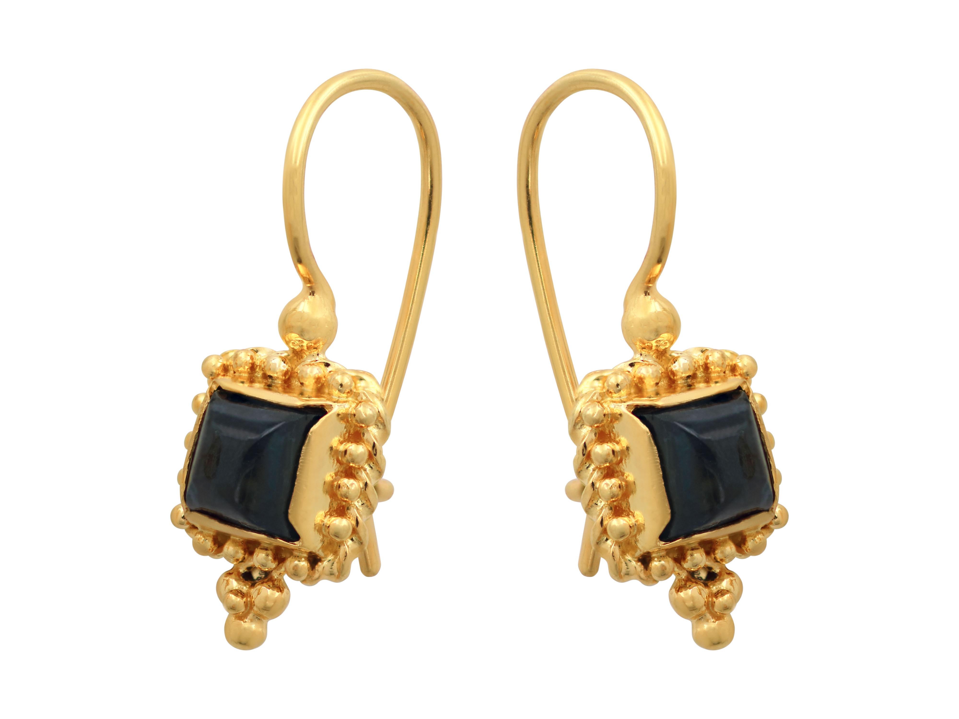 Classical Greek Dimos 18k Yellow Gold Filigree Earrings with Tourmaline For Sale