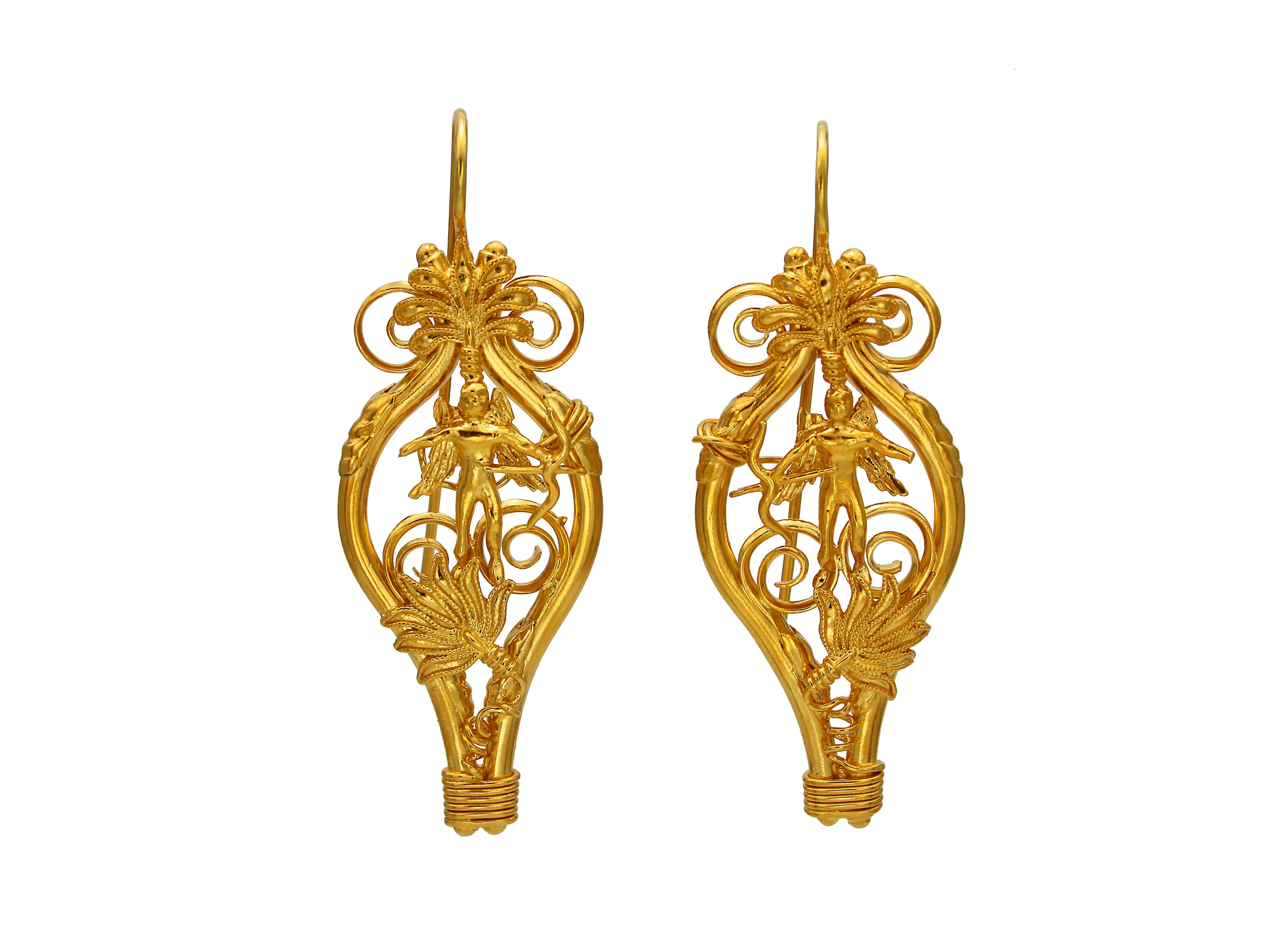 EROS (God of love) earrings. Majestic pair of earrings set in 22 karats gold inspired of the original necklace of the mid-4th century BC found in the excavation at Macedonia area where was the Palace of King Philip King of the Macedonians and father