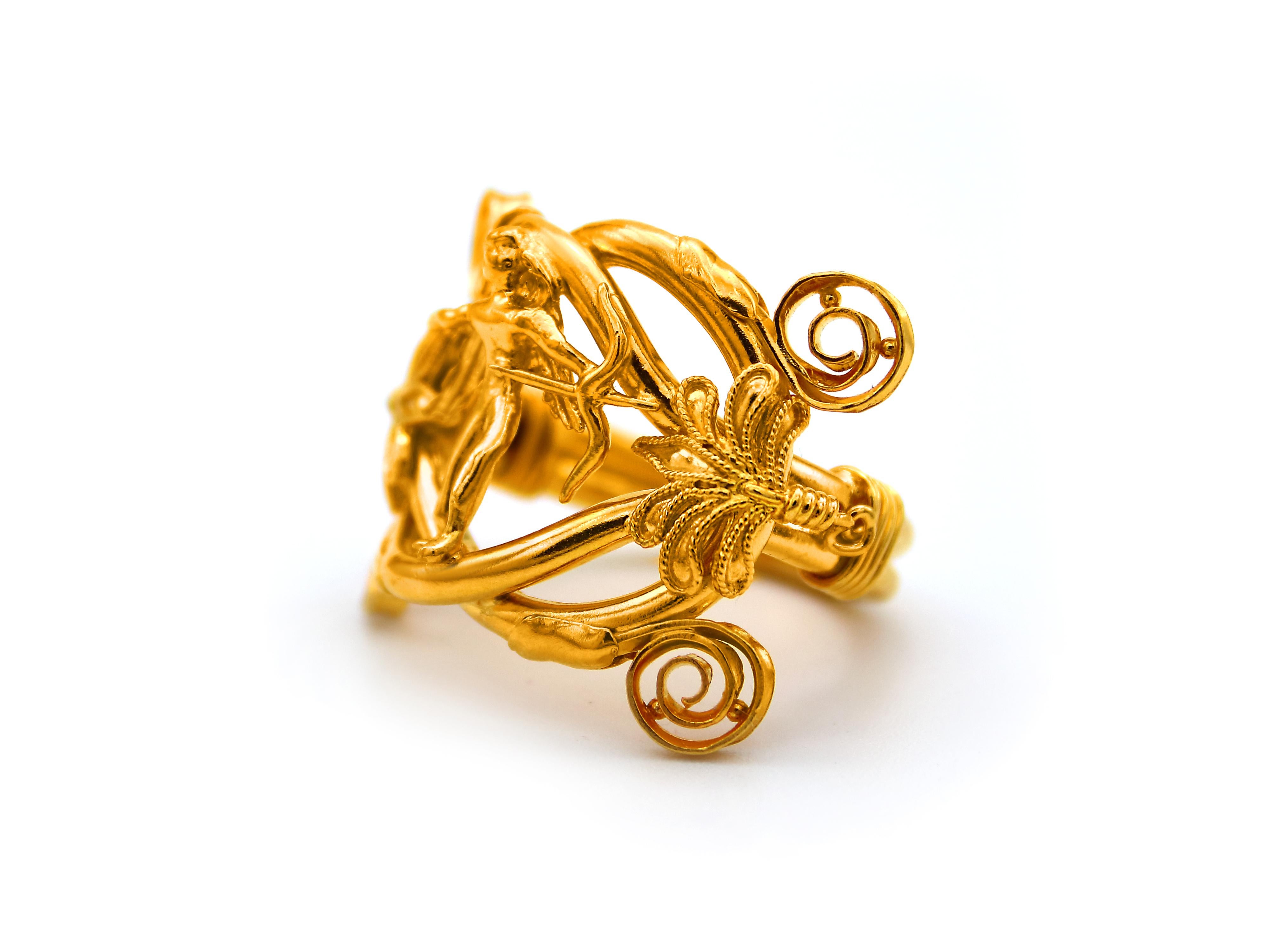 EROS (God of love) ring. Majestic ring set in 22 karats gold inspired from the original necklace of the mid-4th century BC found in the excavation at Macedonia area where was the Palace of King Philip King of the Macedonians and father of Alexander