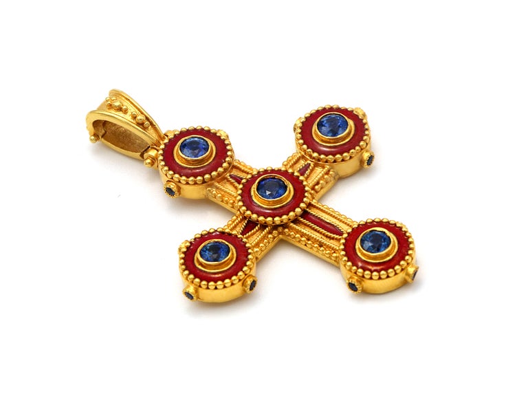 Round Cut Dimos 22k Gold Byzantine Cross with Enamel and Sapphires For Sale