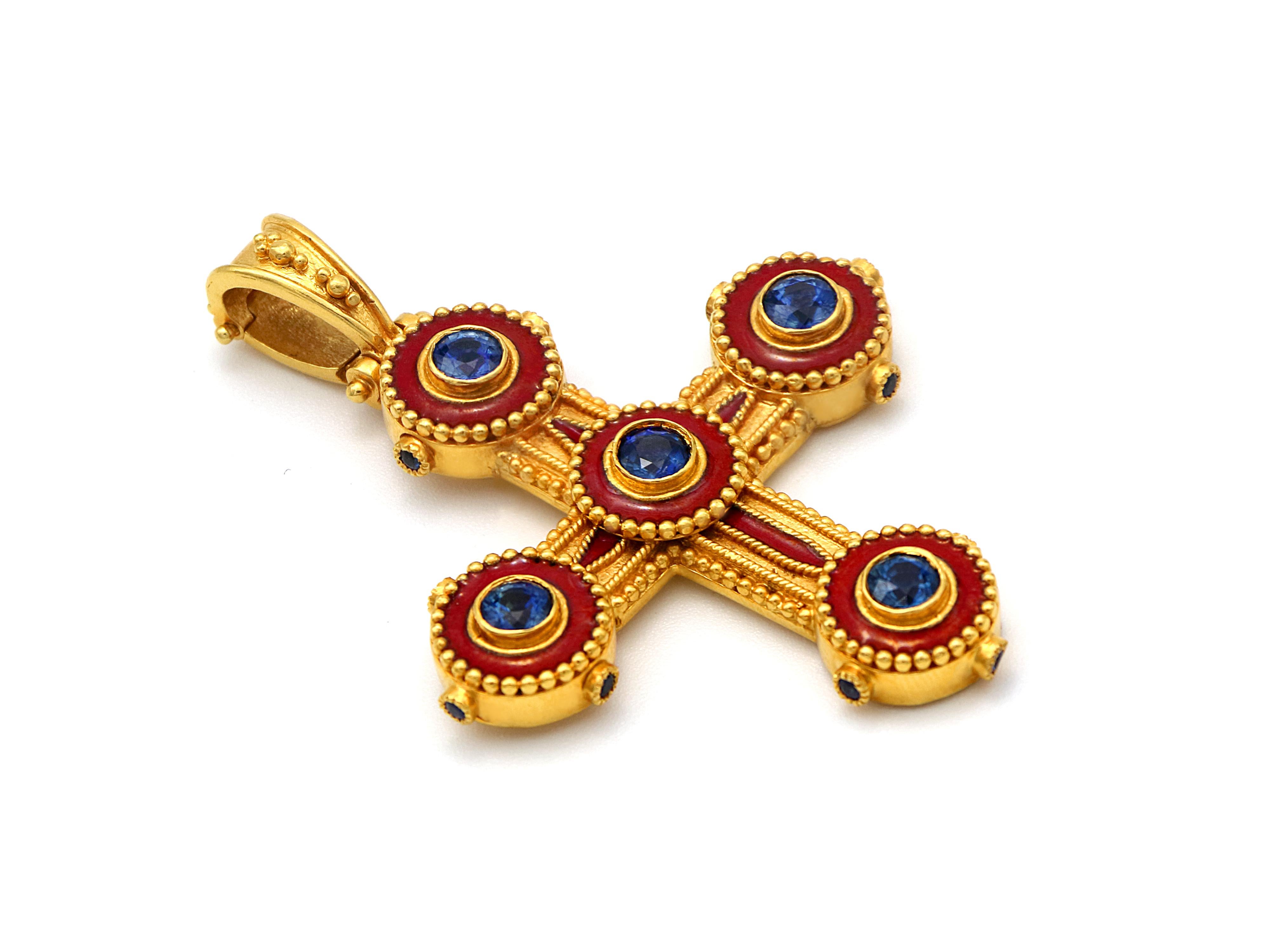 Round Cut Dimos 18k Gold Byzantine Cross with Enamel and Sapphires For Sale