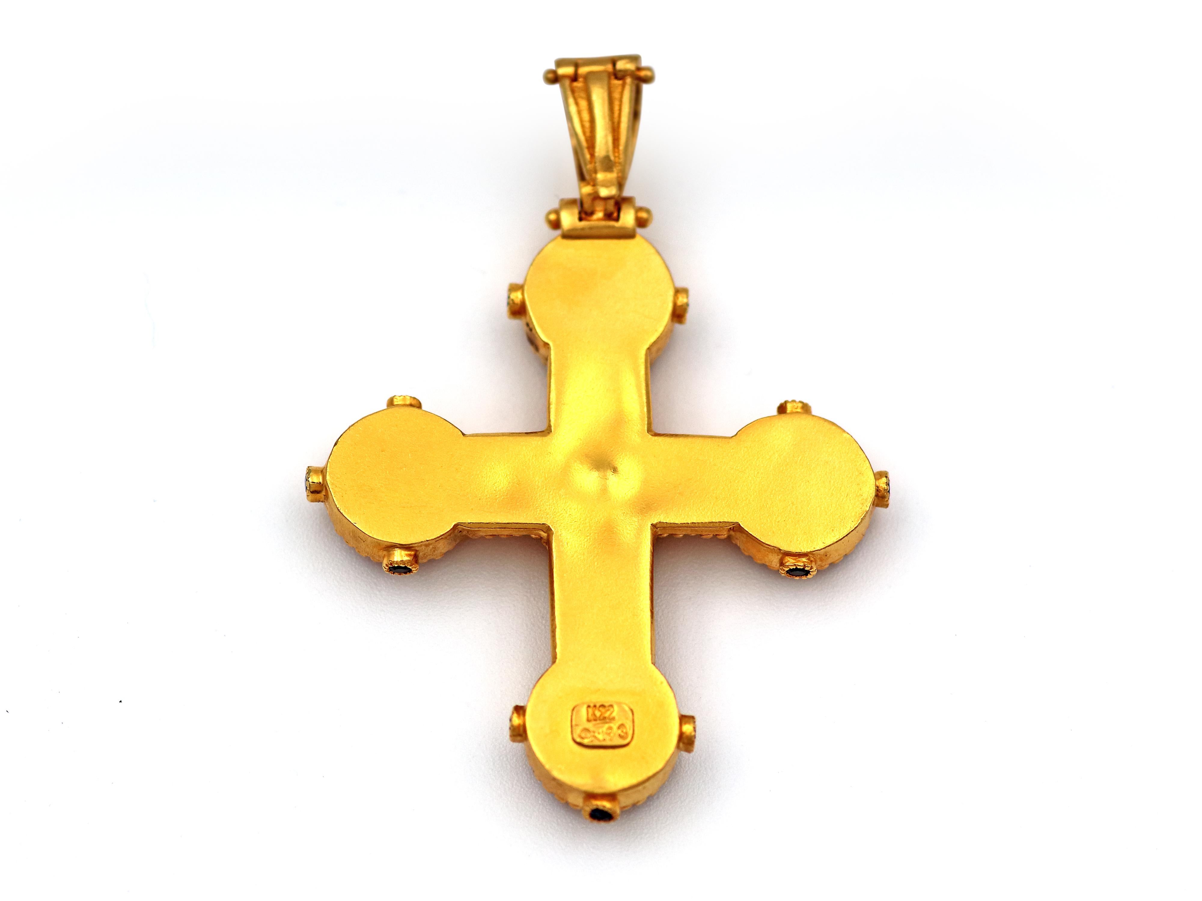Women's or Men's Dimos 18k Gold Byzantine Cross with Enamel and Sapphires For Sale